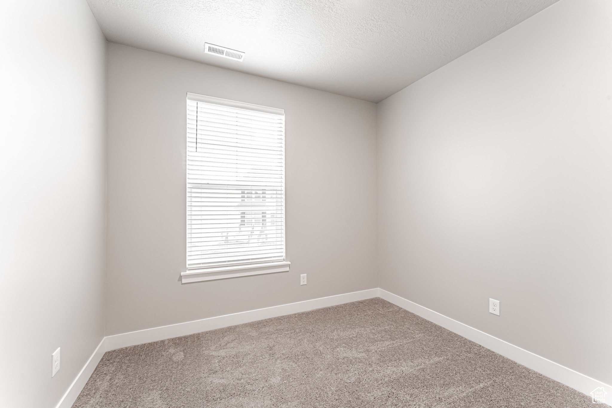 Carpeted empty room featuring a textured ceiling