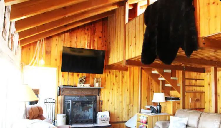 Living room featuring wooden walls and vaulted ceiling with beams