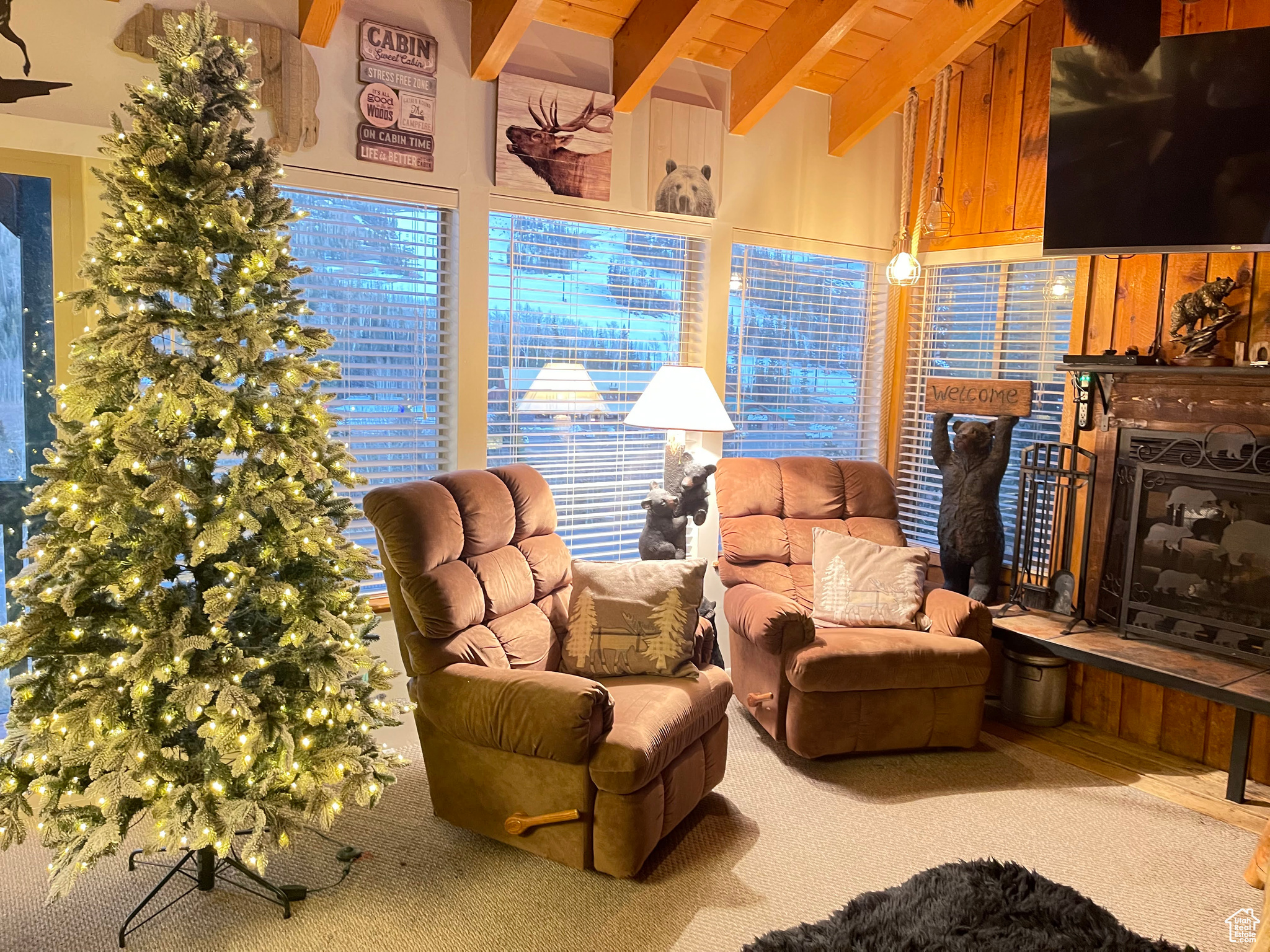 Living room with beamed ceiling