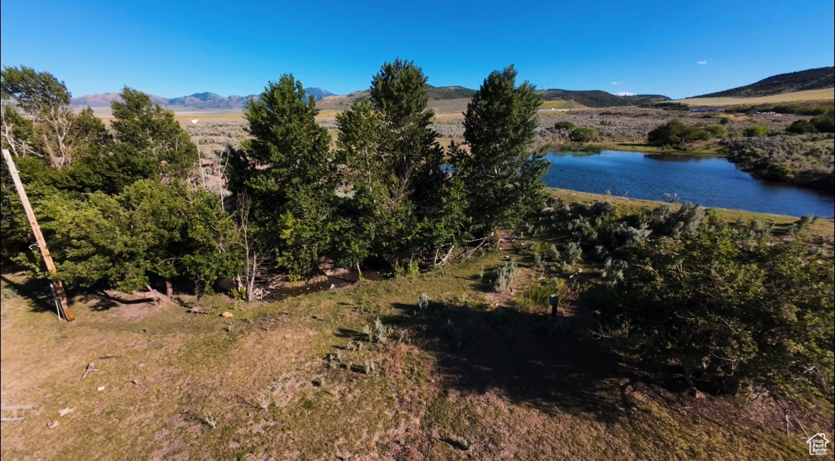 Aerial view featuring a water and mountain view