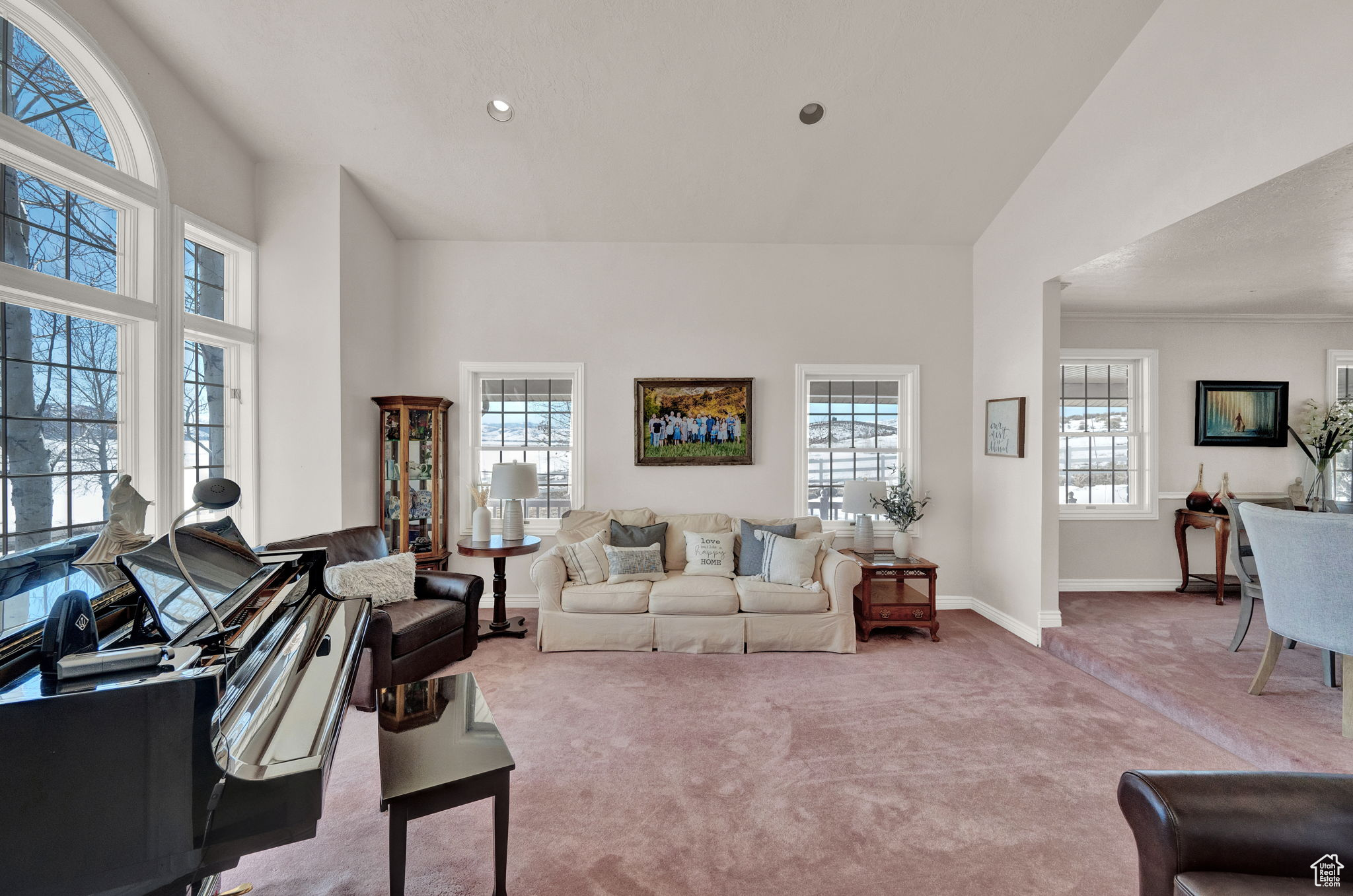 Carpeted living room featuring a high ceiling