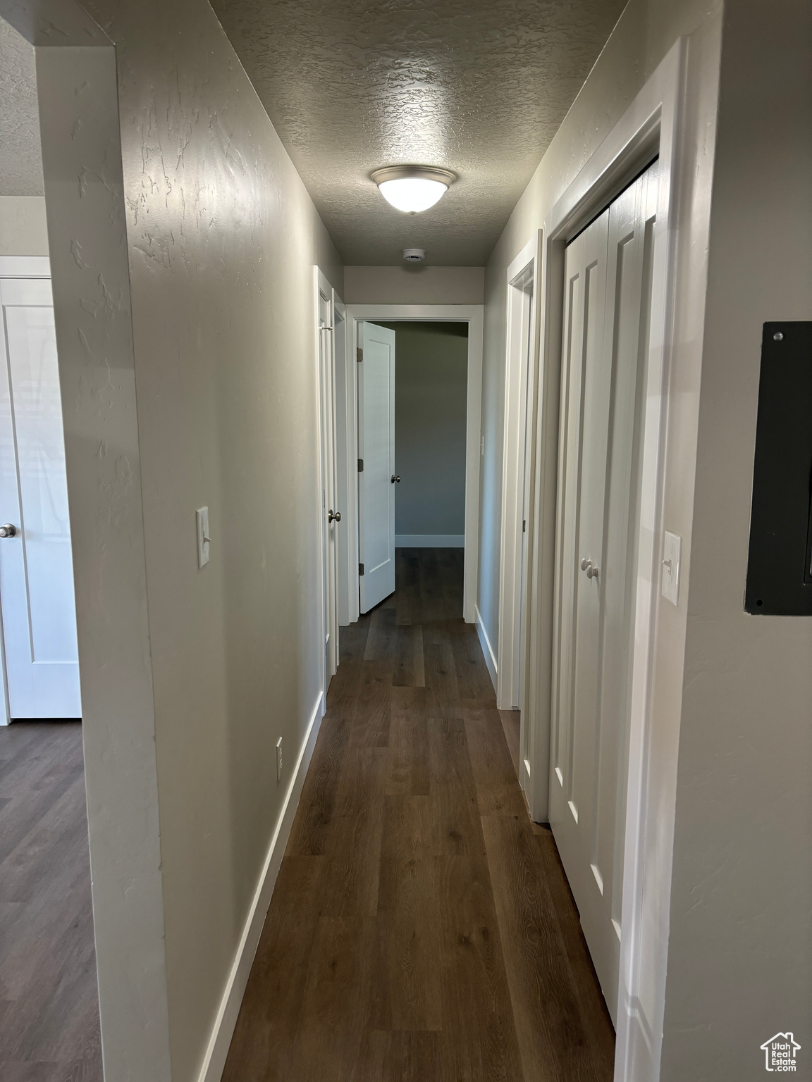 Hall featuring dark hardwood / wood-style flooring and a textured ceiling