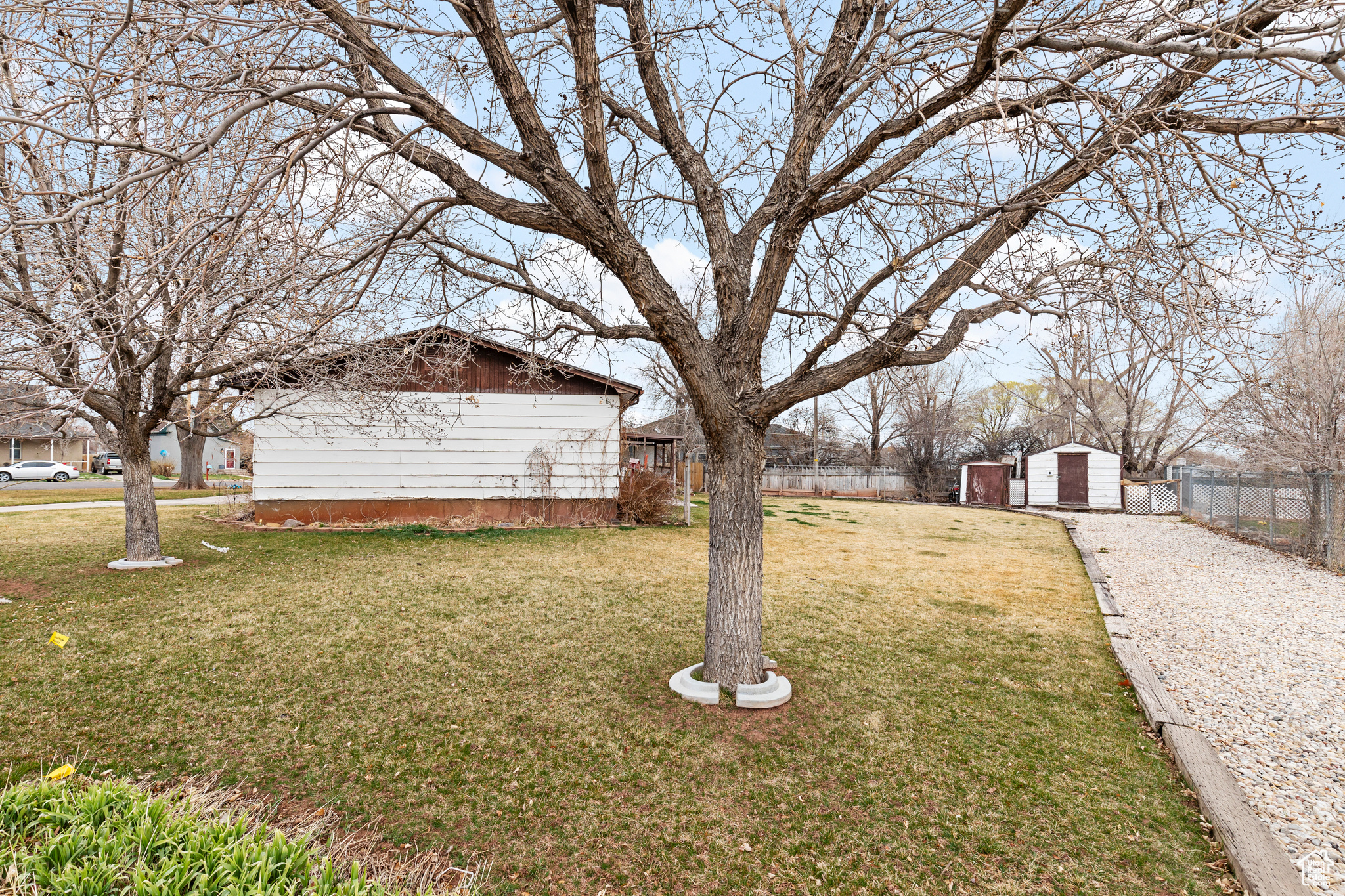 View of yard featuring a storage shed