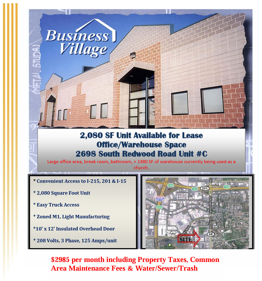 2698 S REDWOOD W #C, West Valley City, Utah 84119, ,Commercial Lease,For sale,REDWOOD,1988156