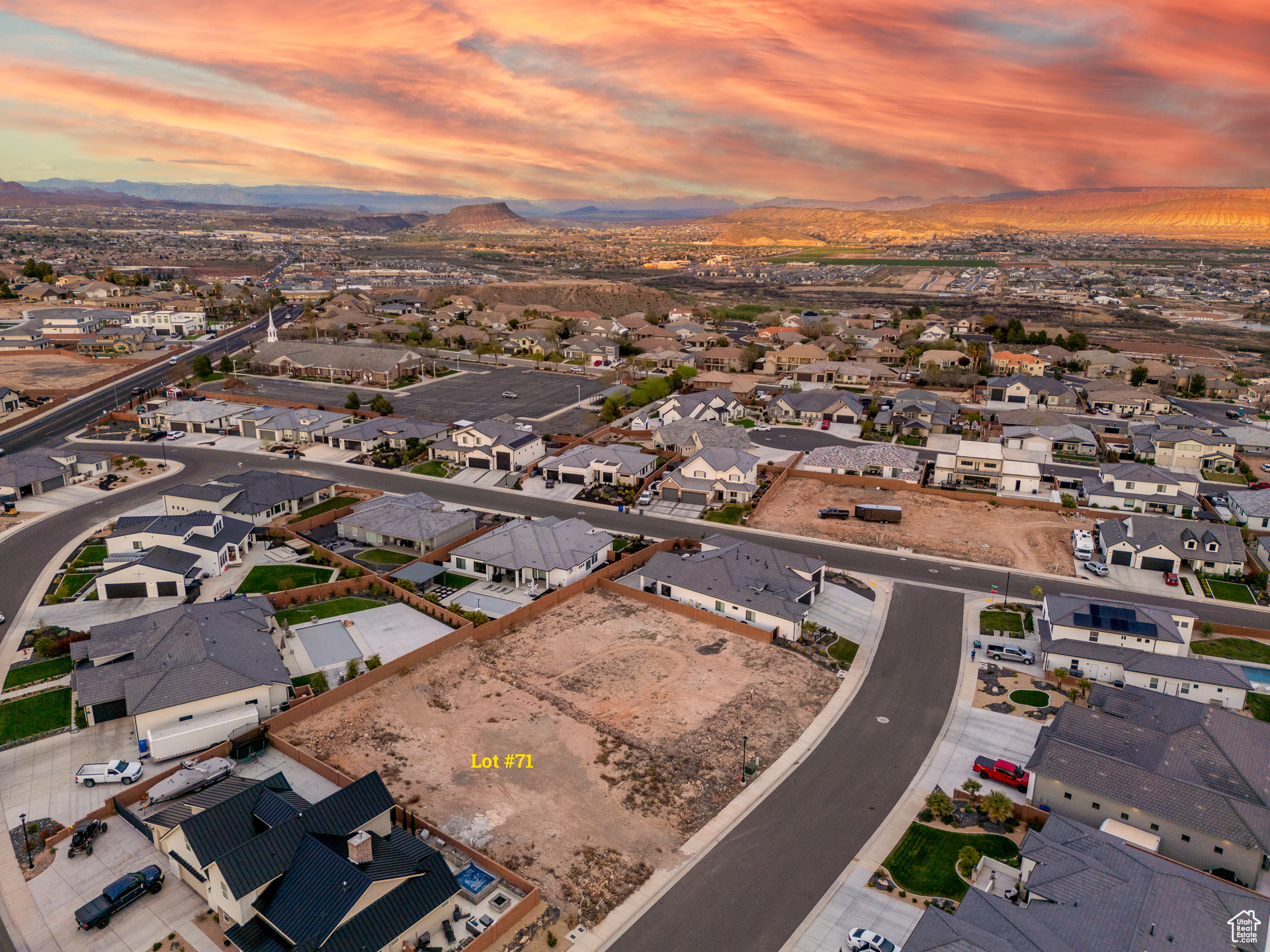 Aerial view at dusk with a mountain view