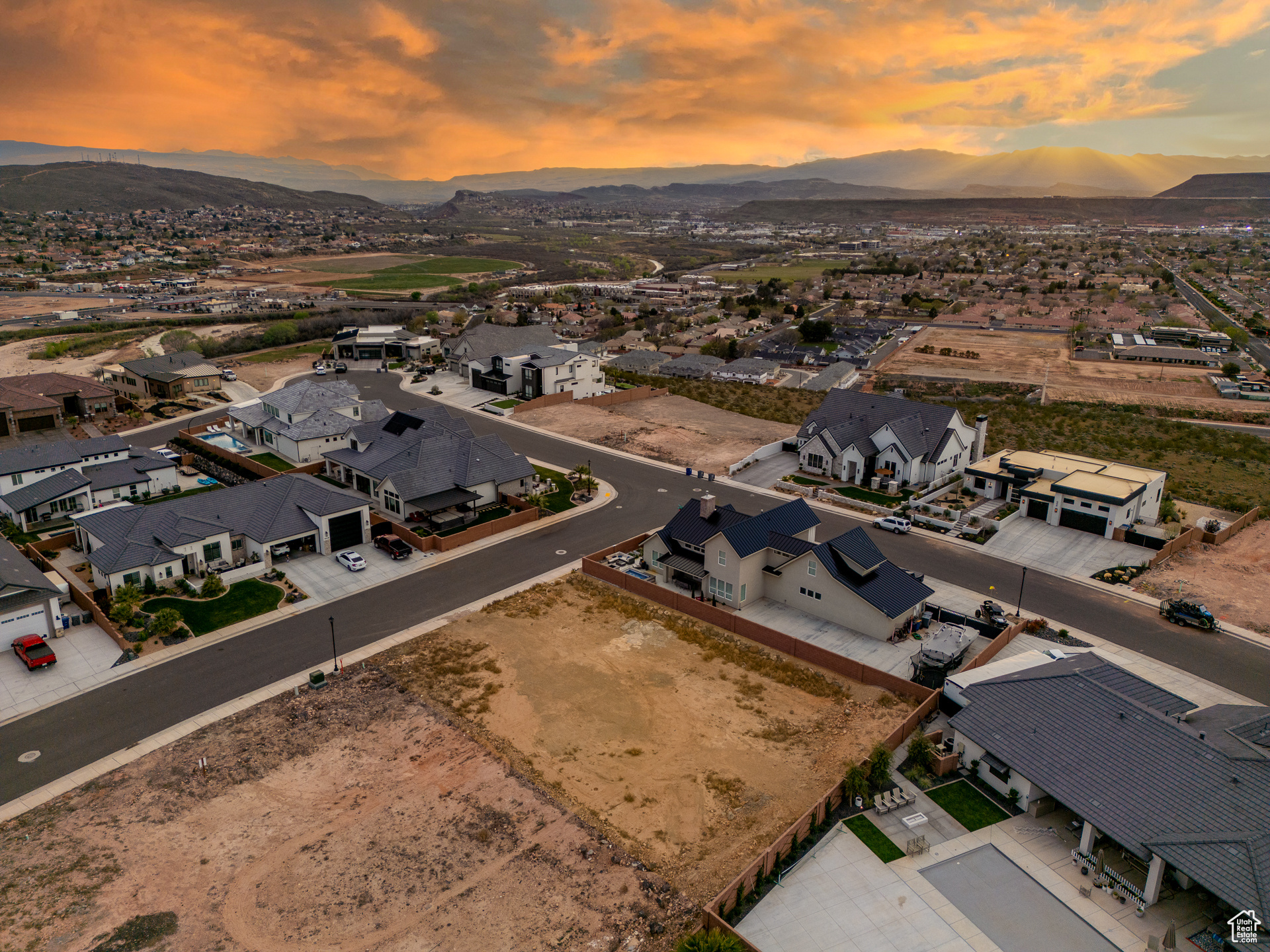 Aerial view at dusk with a mountain view