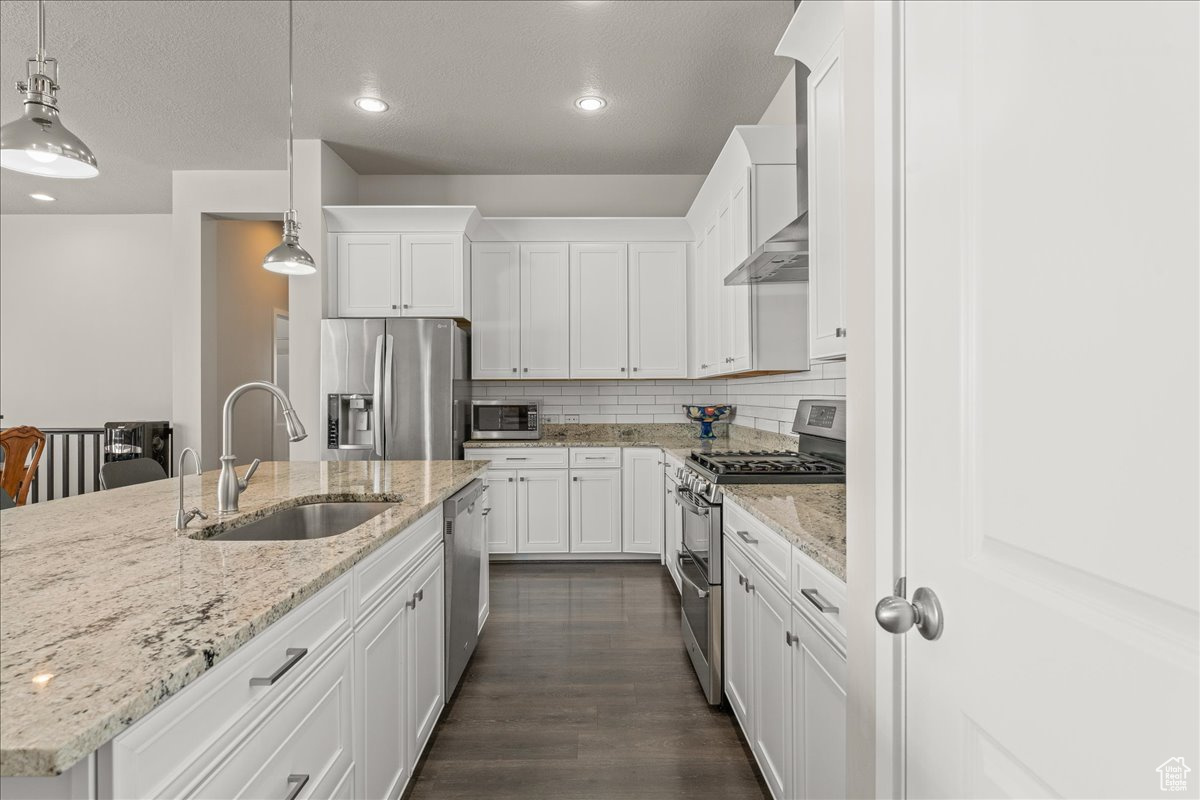 Kitchen with sink, decorative light fixtures, dark wood-type flooring, appliances with stainless steel finishes, and a kitchen island with sink