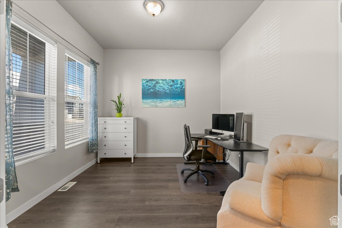 Home office featuring dark hardwood / wood-style flooring