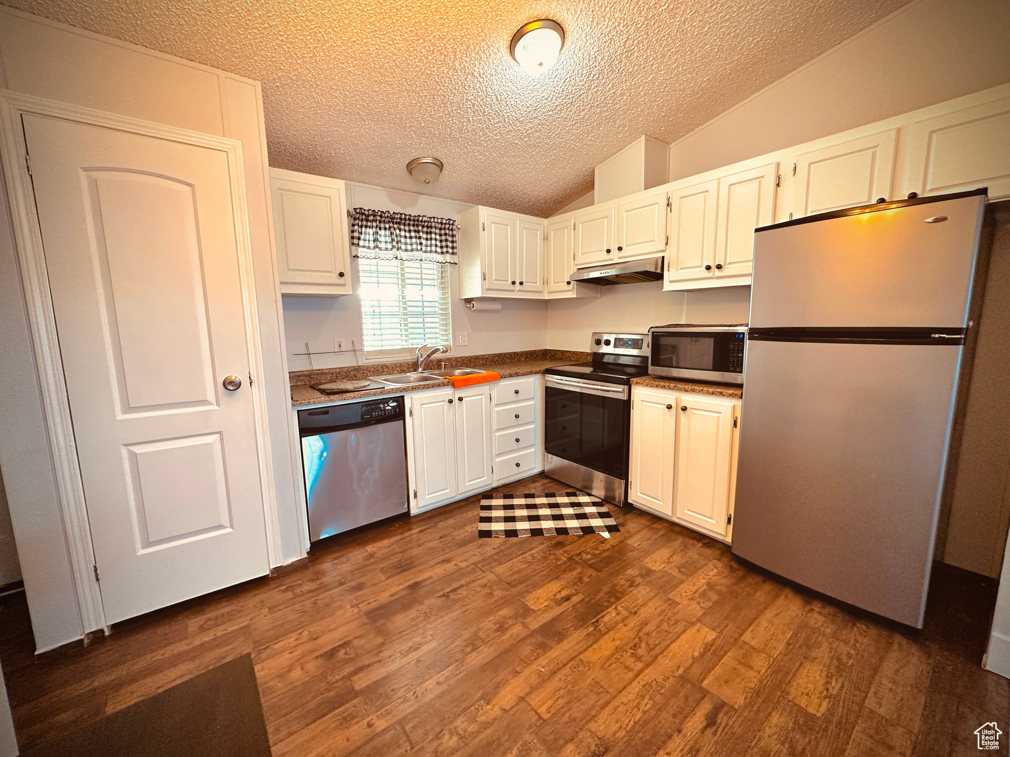 Kitchen featuring lofted ceiling, dark hardwood / wood-style flooring, white cabinetry, and stainless steel appliances