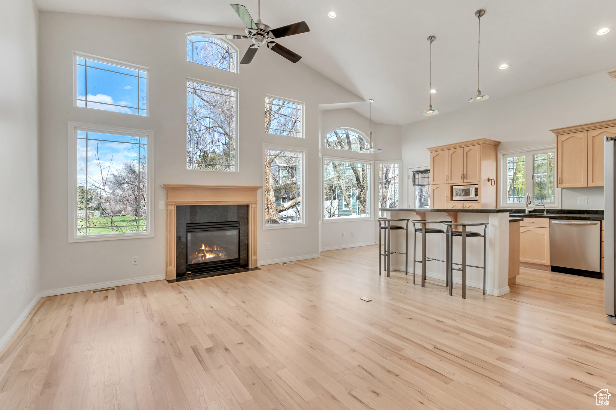 Breathtaking open concept family room and kitchen on main level, complete with gas fireplace, vaulted ceilings, new LED lighting, ceiling fan, custom windows, new flooring, plenty of natural light, and beautiful views