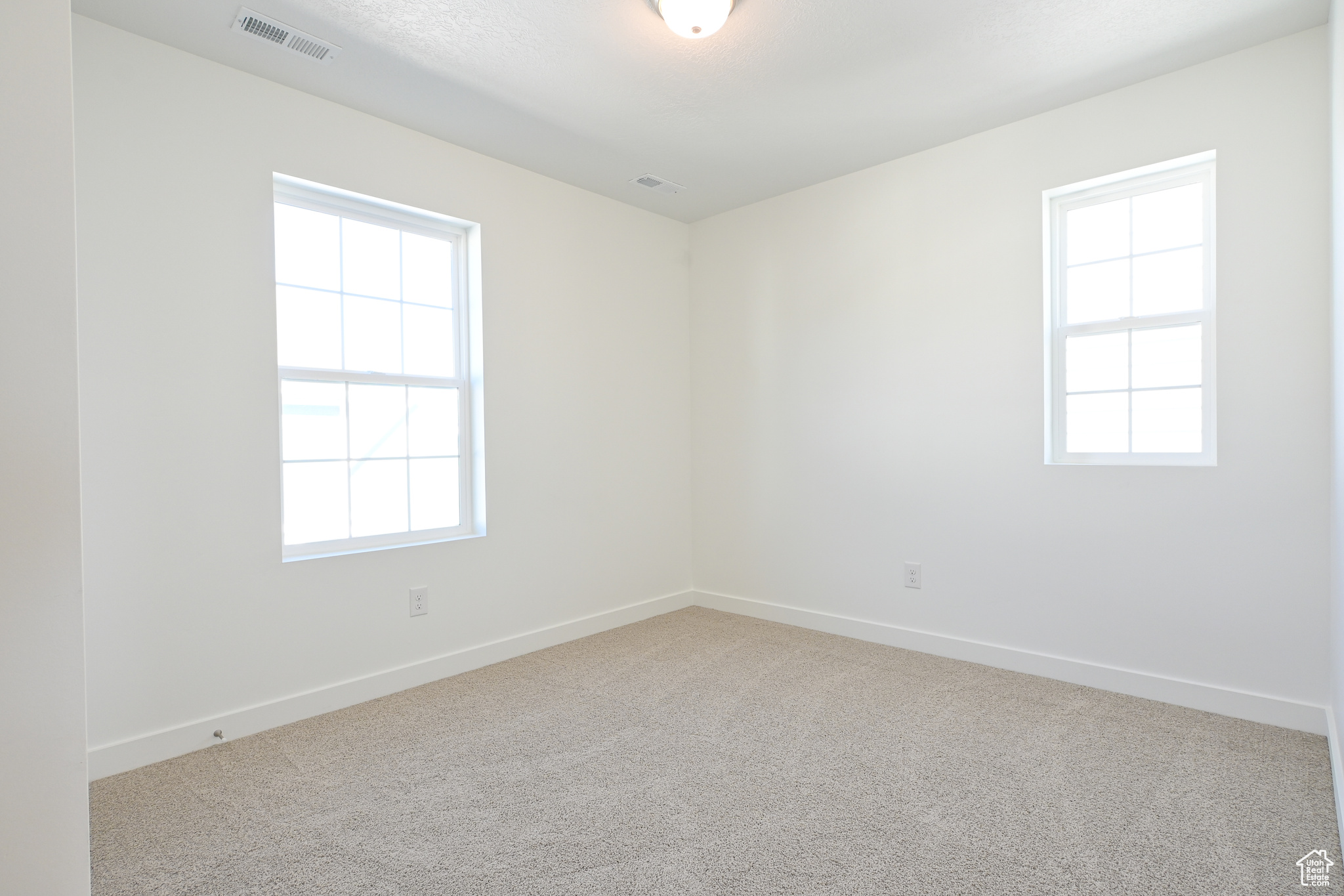 Empty room with light colored carpet and a wealth of natural light
