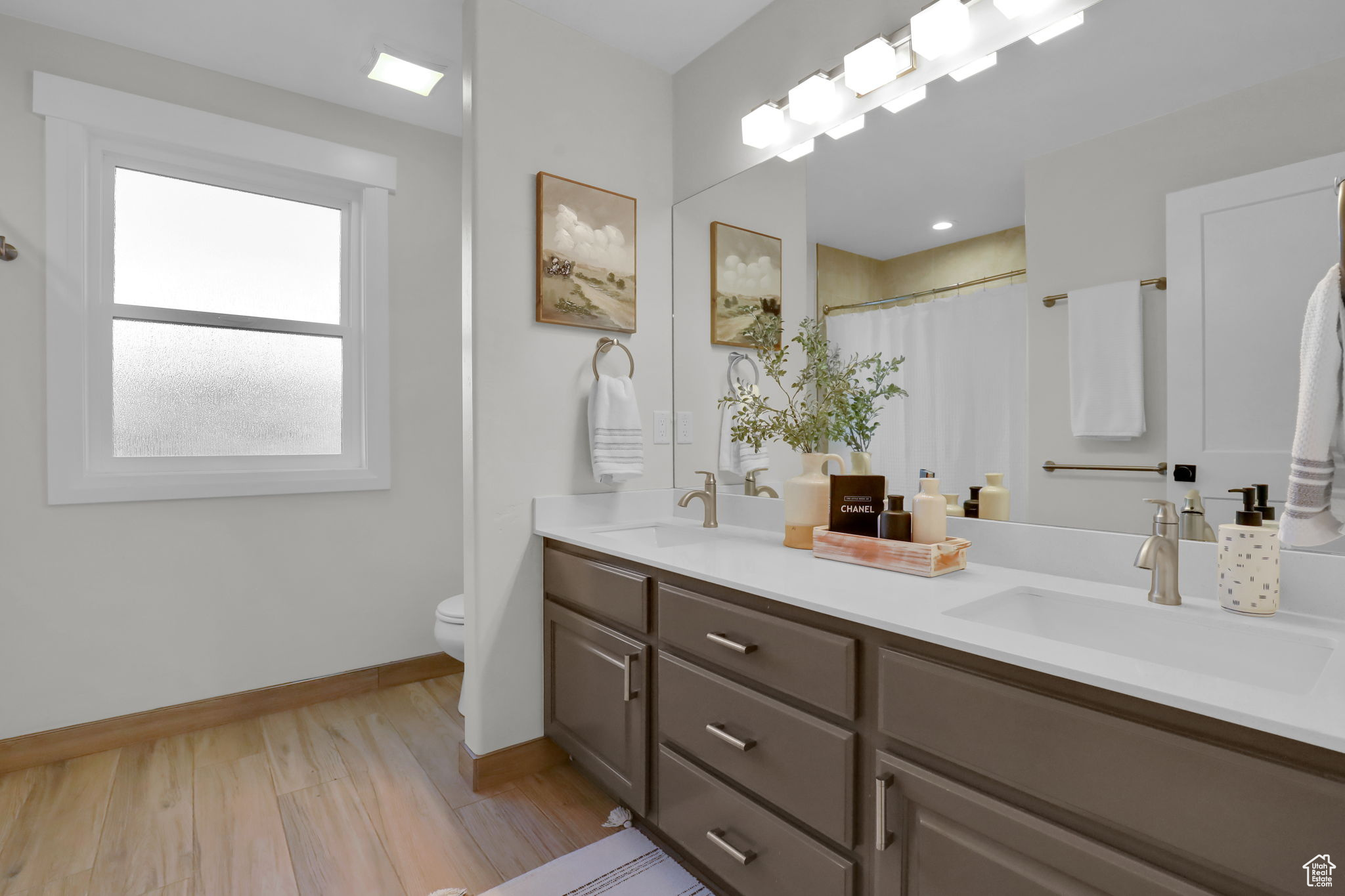 Bathroom with wood-type flooring, plenty of natural light, double sink vanity, and toilet