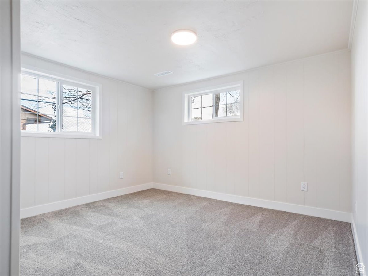 Spare room with crown molding and light colored carpet