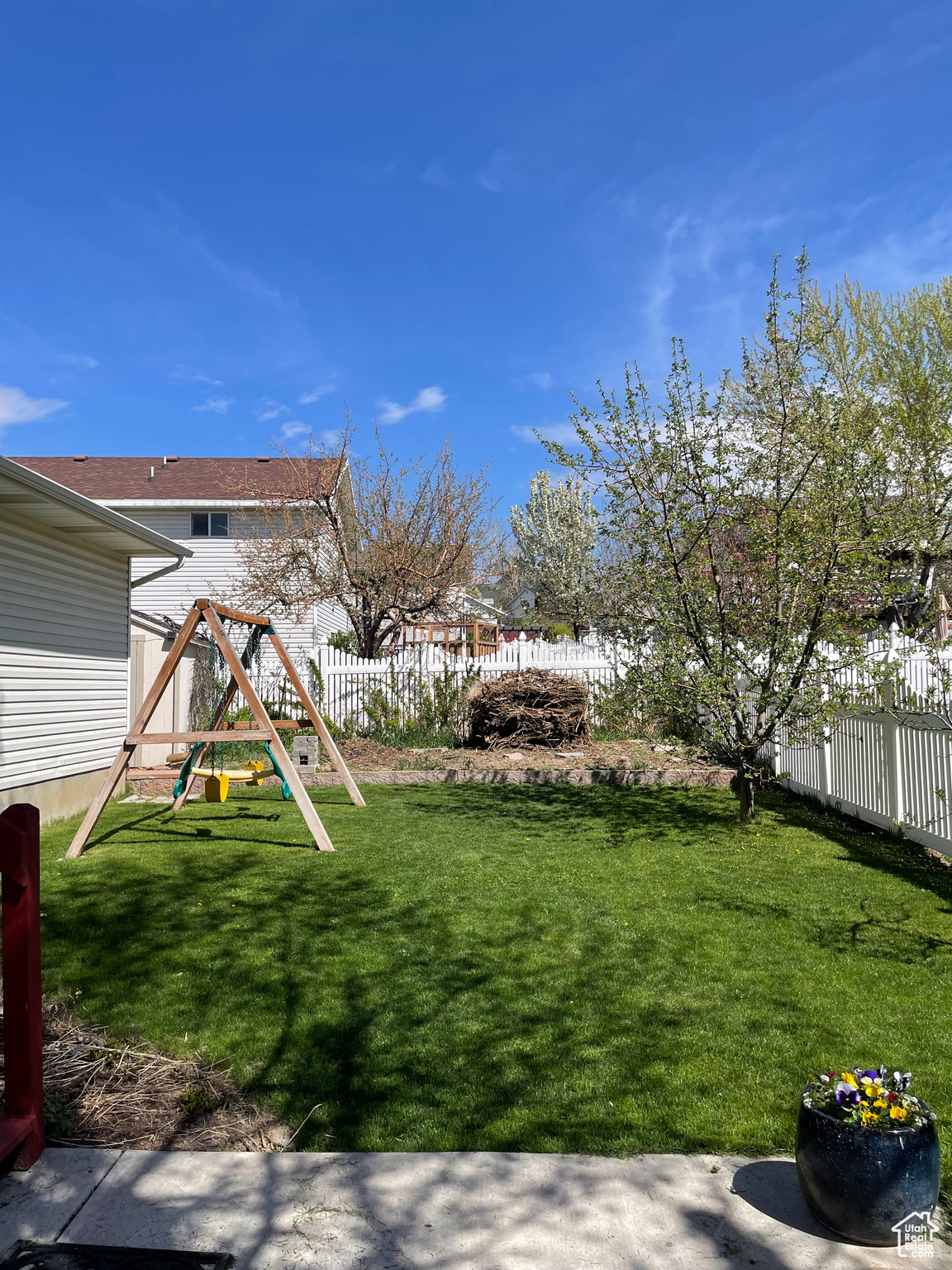 Backyard- garden, peach tree, swing set and shed pictured