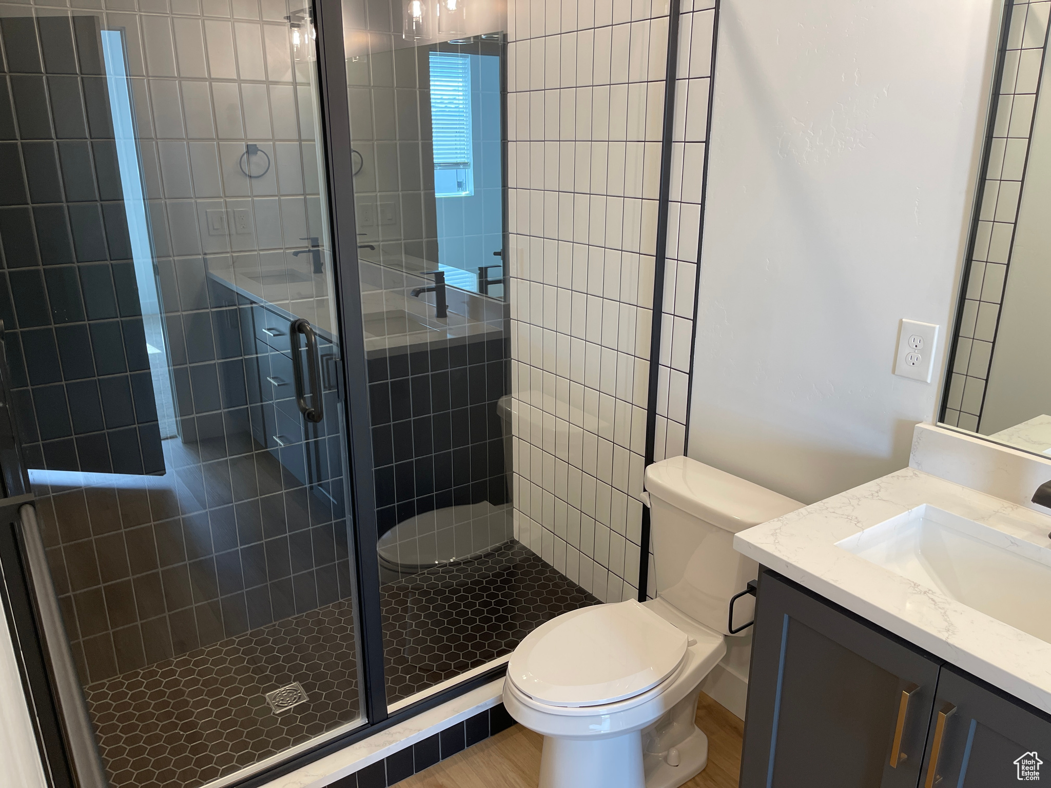 Bathroom featuring toilet, walk in shower, and vanity