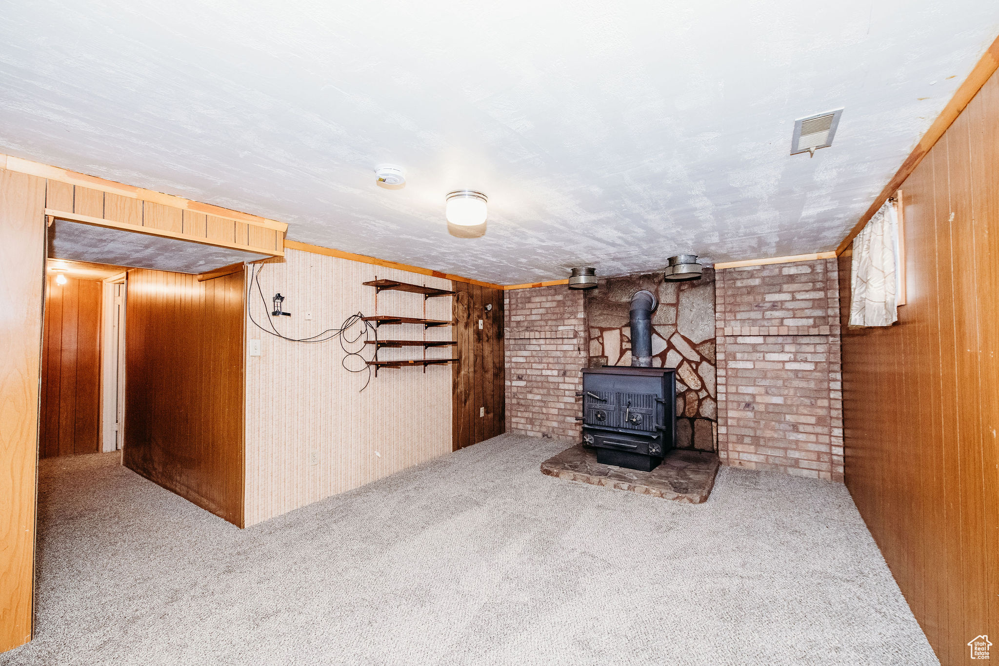 Basement featuring wood walls, light carpet, and a wood stove