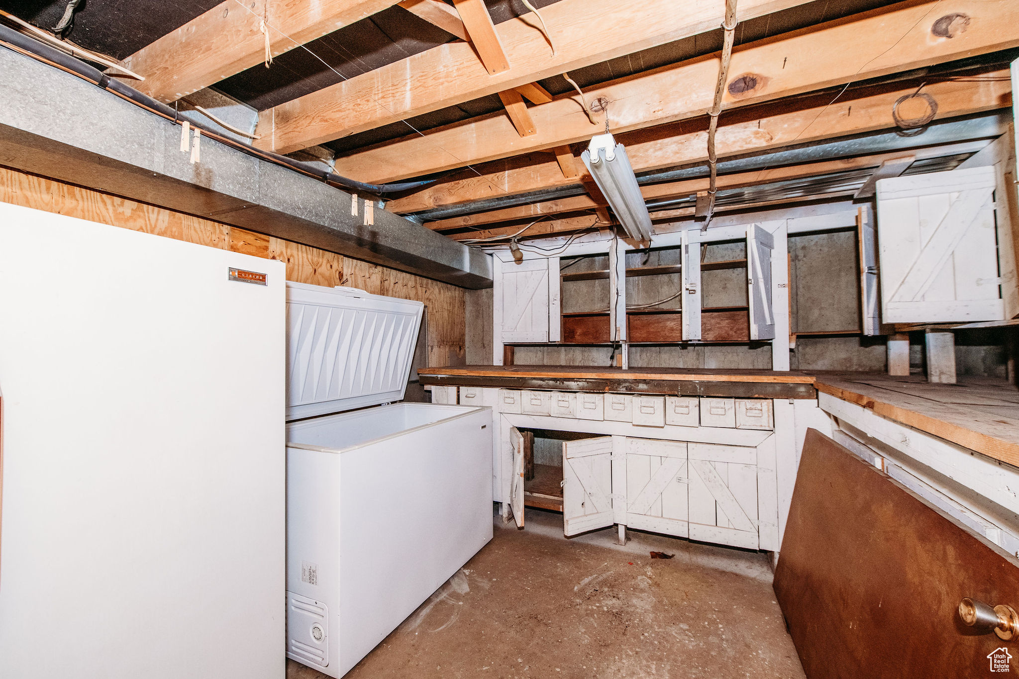 Laundry room with deep freezers and workshop