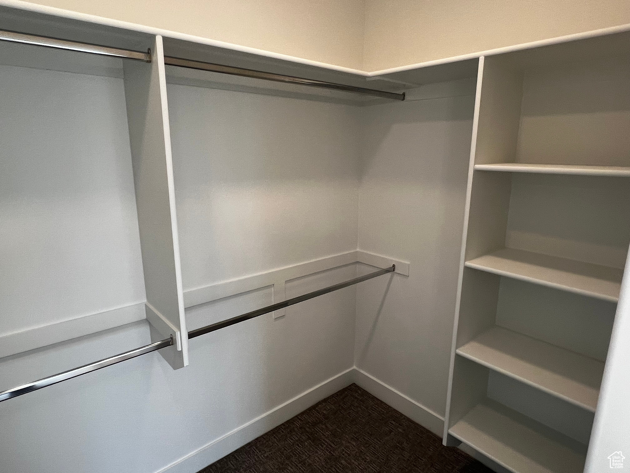 Spacious closet featuring dark colored carpet