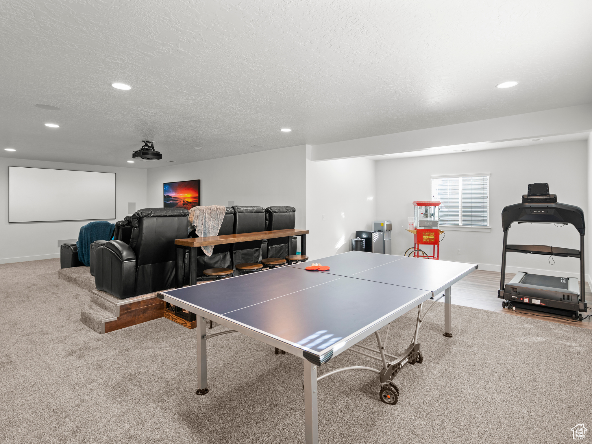 Game room featuring a textured ceiling and light colored carpet