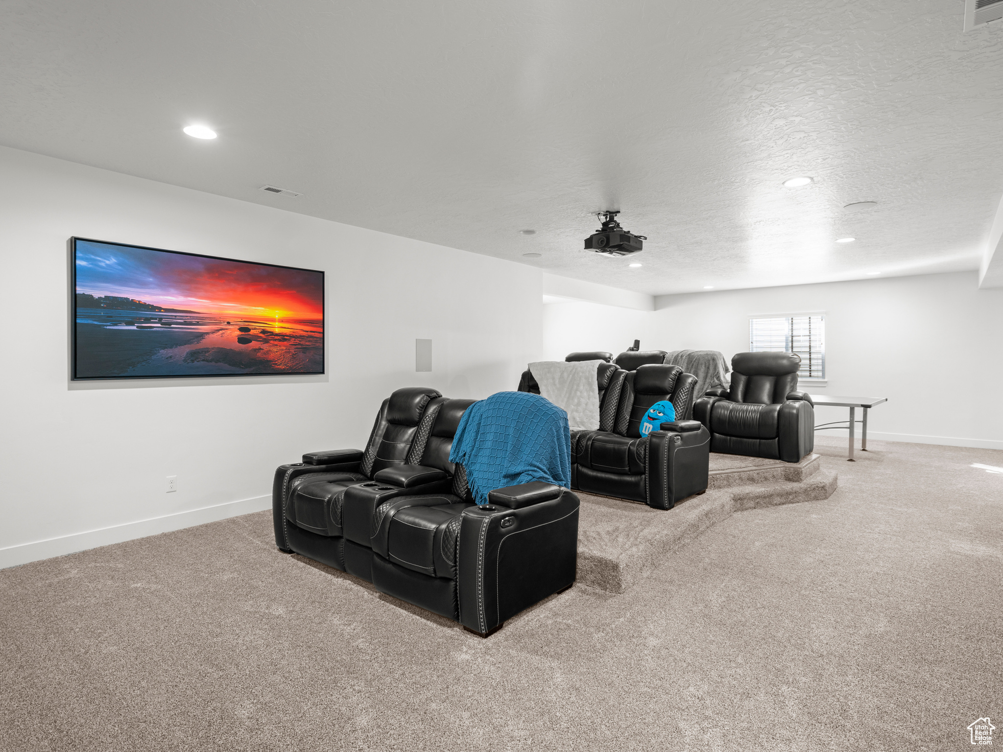 Cinema room with carpet floors and a textured ceiling