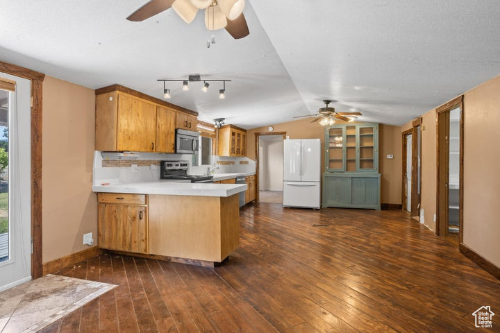 Kitchen featuring stainless steel appliances, dark wood-type flooring, and kitchen peninsula