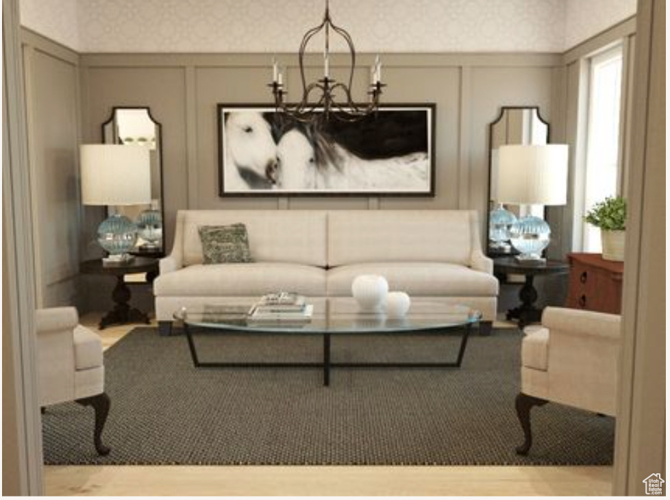 Living room featuring an inviting chandelier