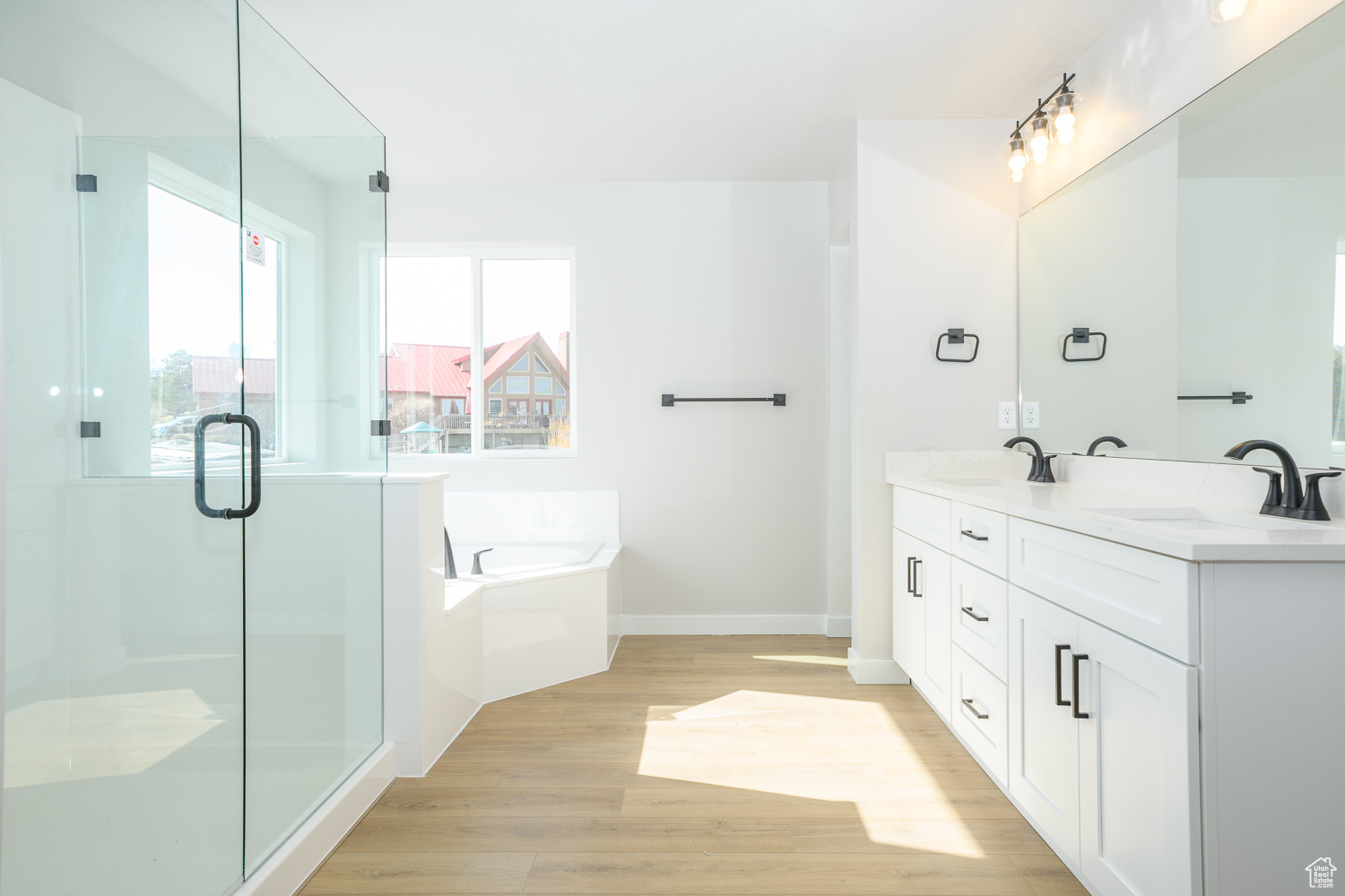 Bathroom with dual bowl vanity, plus walk in shower, and hardwood / wood-style flooring