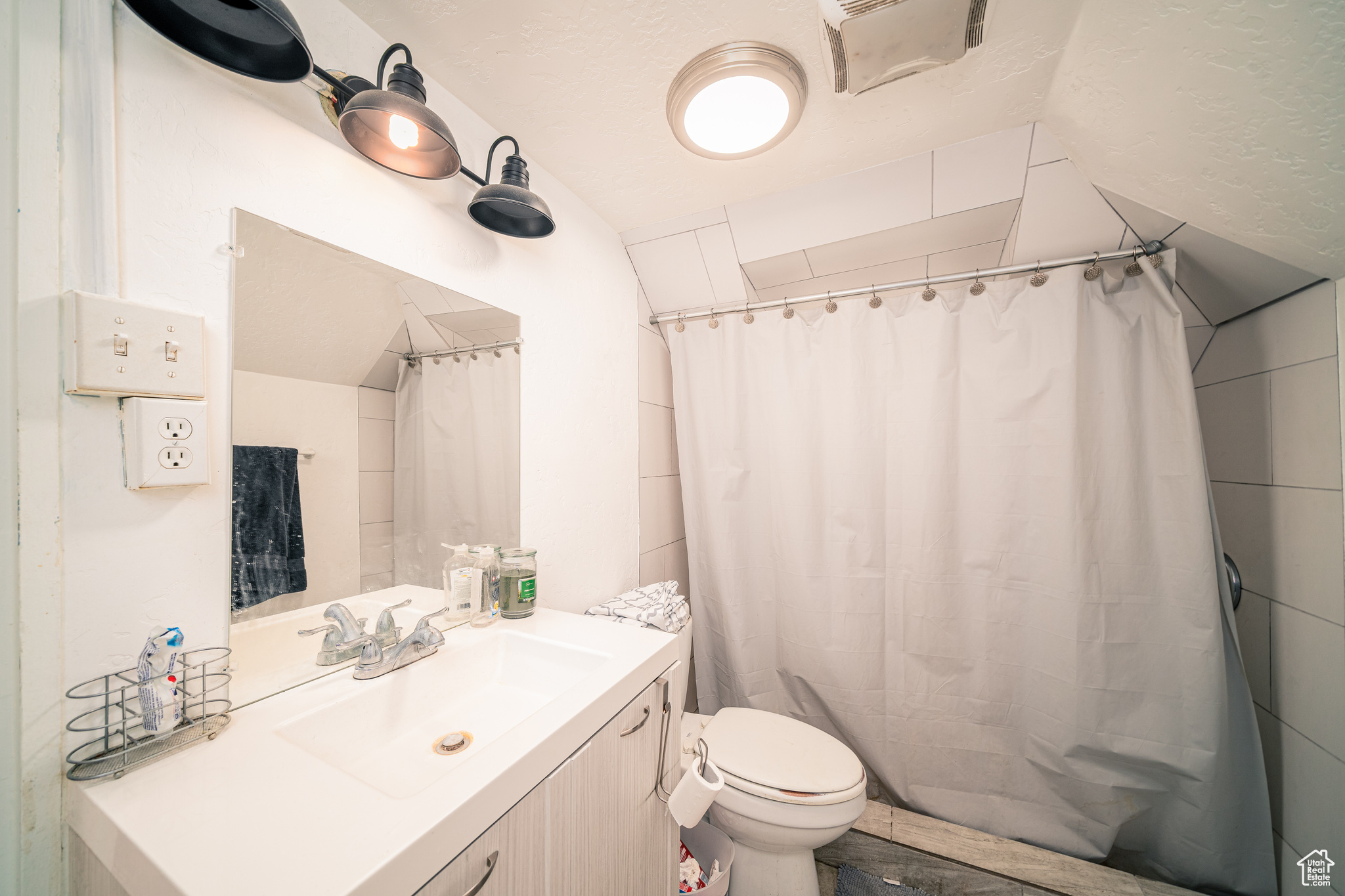 Bathroom with toilet, vanity, and vaulted ceiling