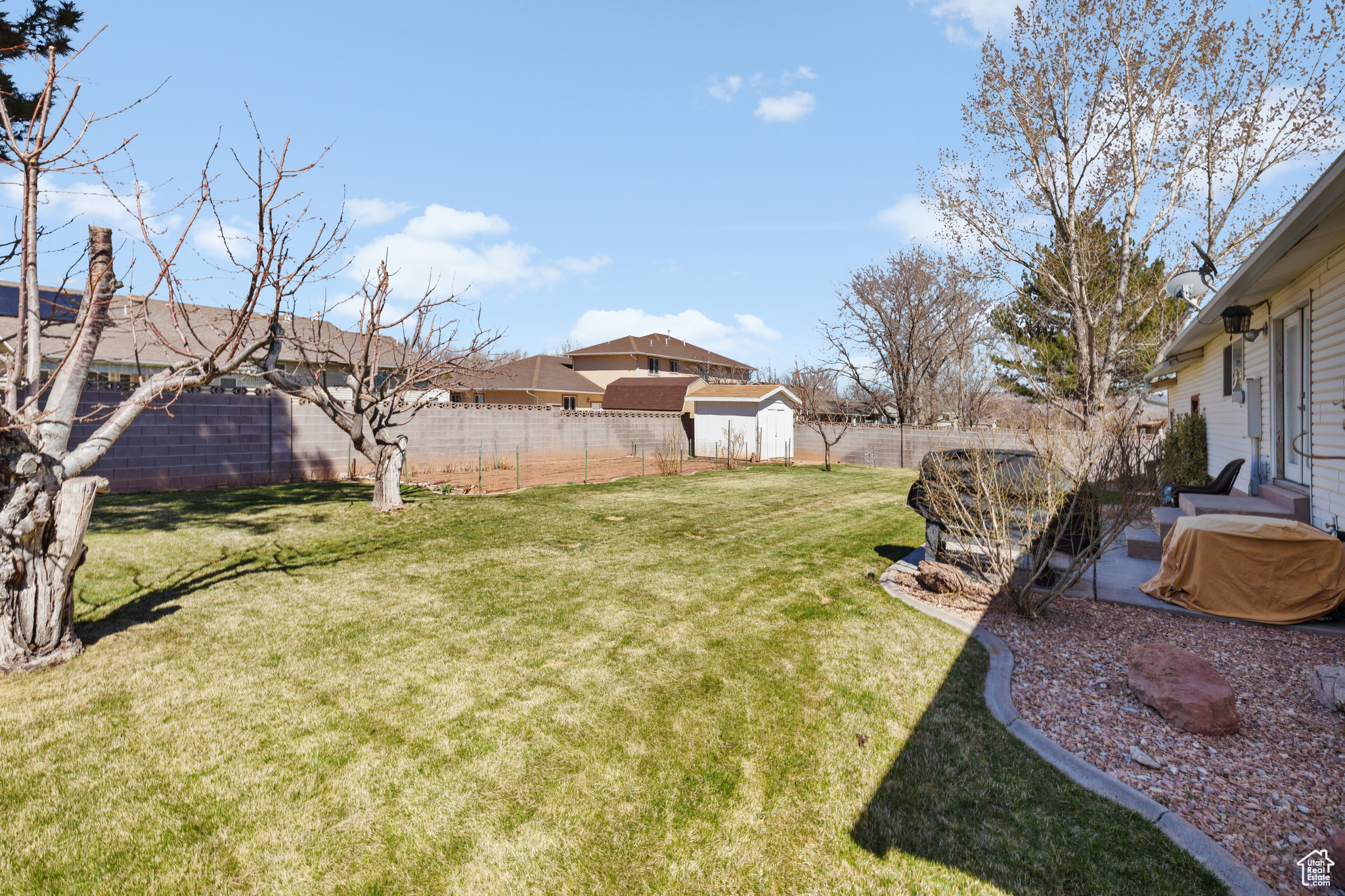 View of yard featuring a storage shed