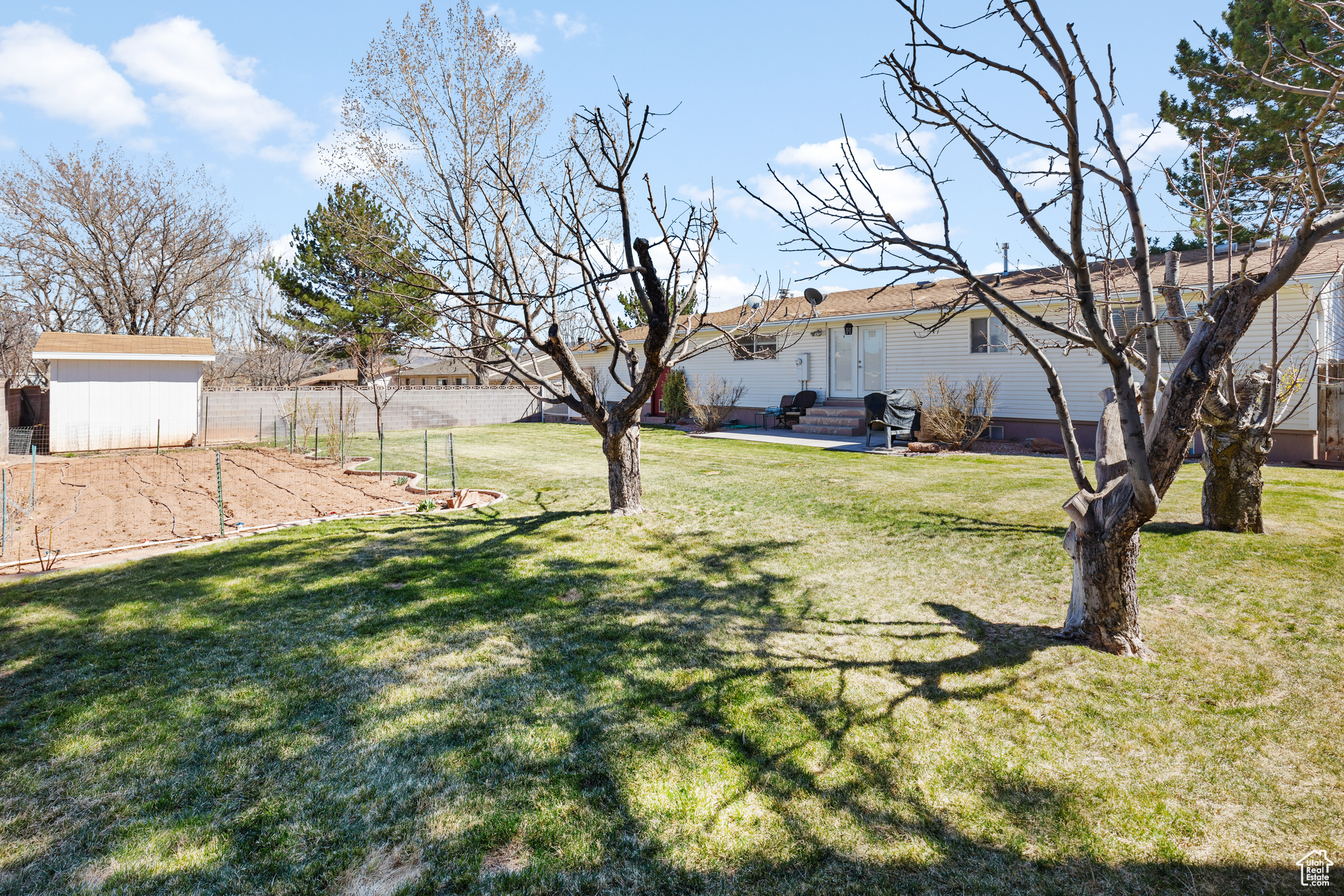 View of yard with a storage shed