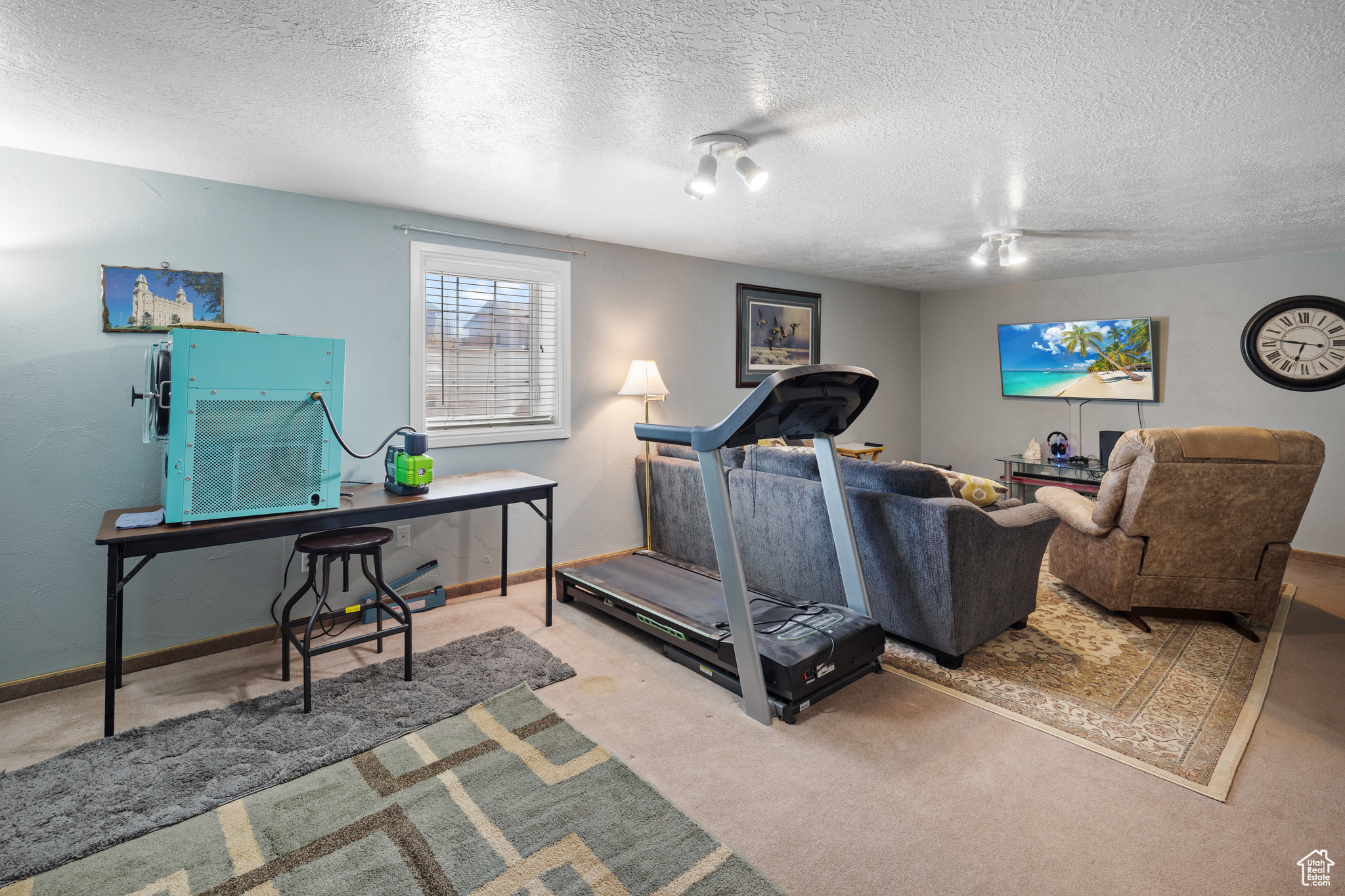 Exercise room with light carpet and a textured ceiling