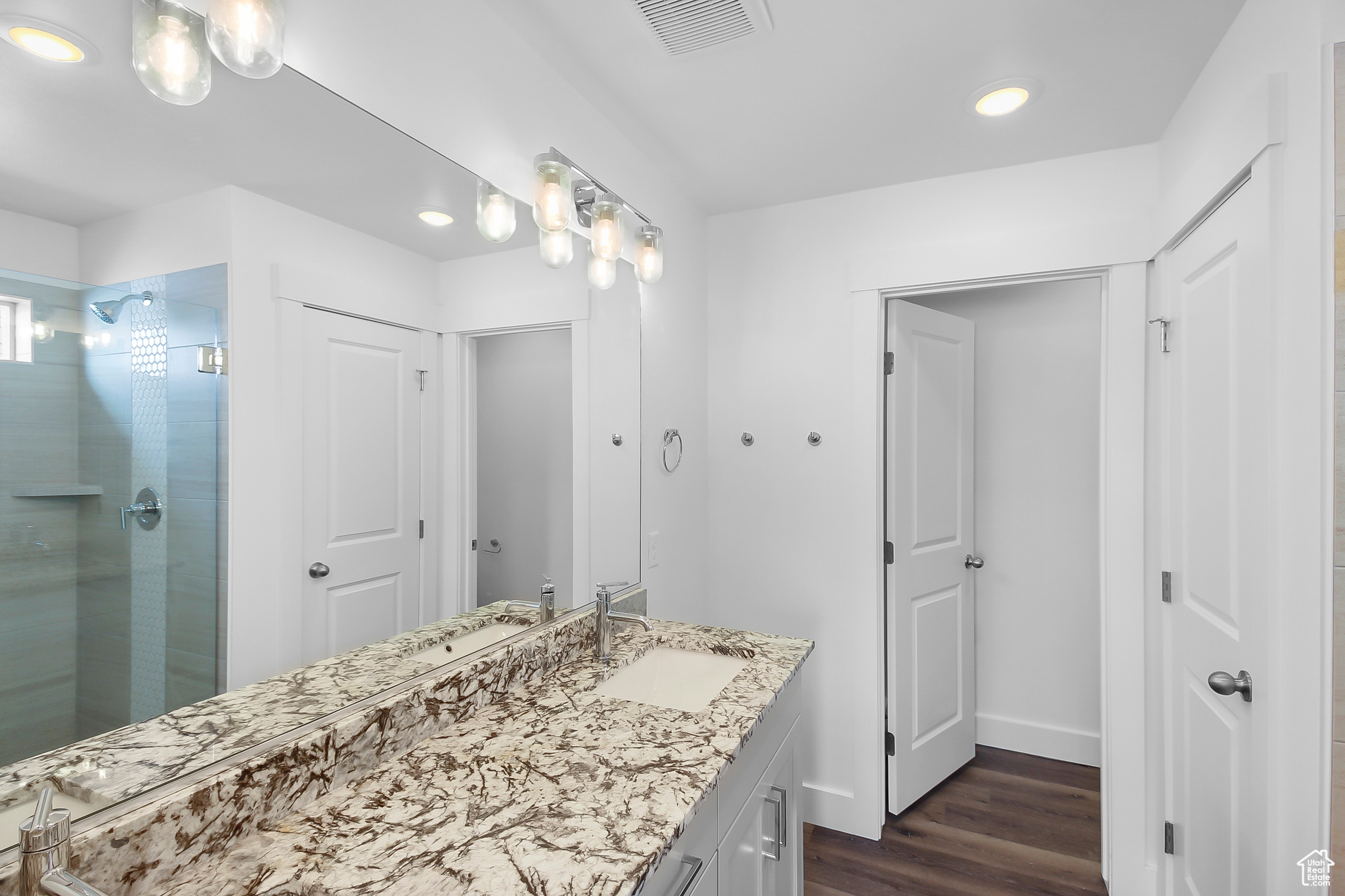 Bathroom with vanity, hardwood / wood-style floors, and walk in shower