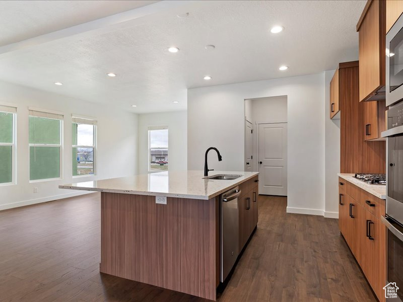 Kitchen with dark hardwood / wood-style floors, a center island with sink, appliances with stainless steel finishes, and sink