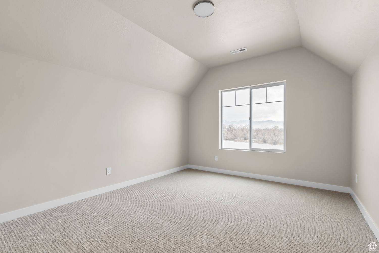 Additional living space featuring lofted ceiling and light colored carpet