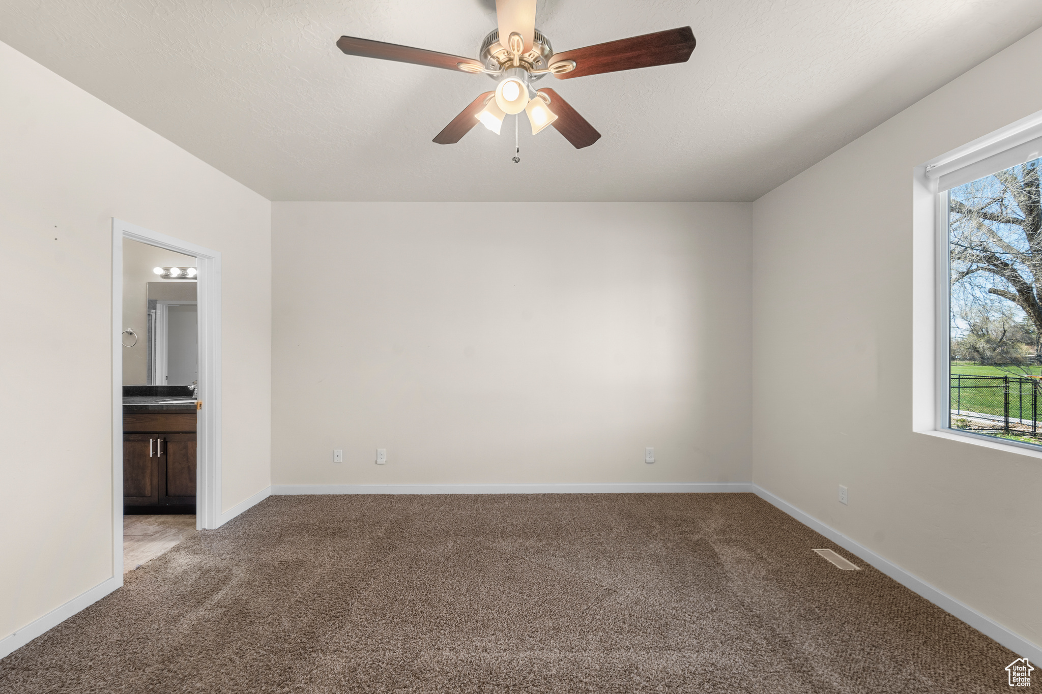 Carpeted spare room with sink, ceiling fan, and a healthy amount of sunlight