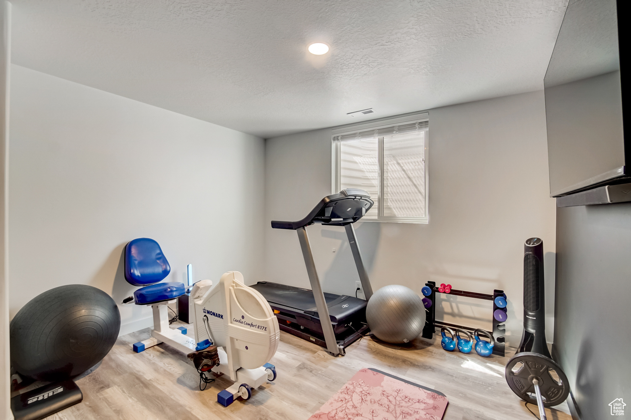 Exercise room featuring a textured ceiling and light wood-type flooring