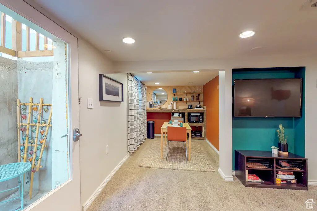 Playroom with light colored carpet