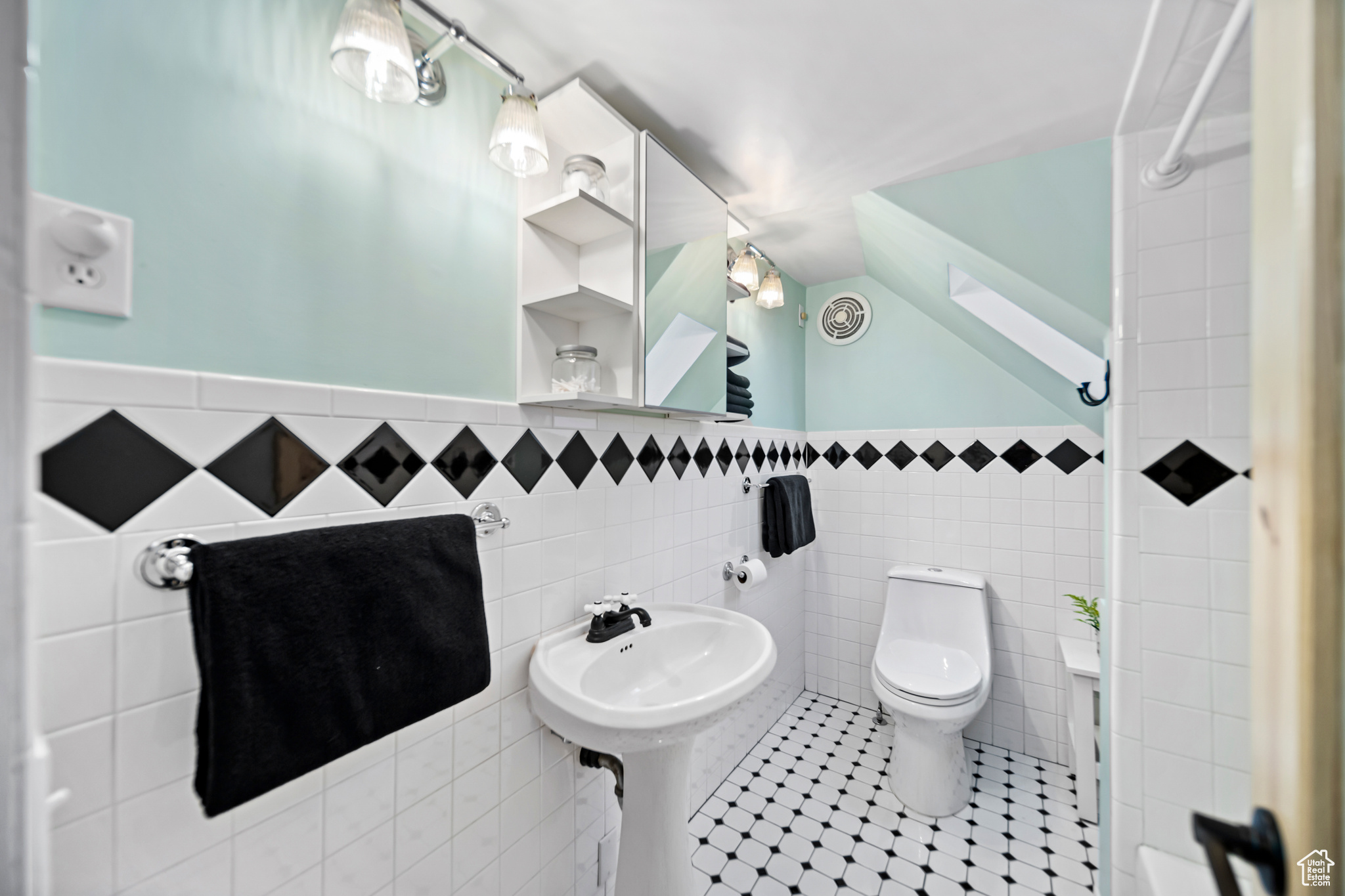 Bathroom 2, Full Bath w/ Shower, Skylight, Tile, Pedestal Sink, New Faucets, Low Flow Toilet
