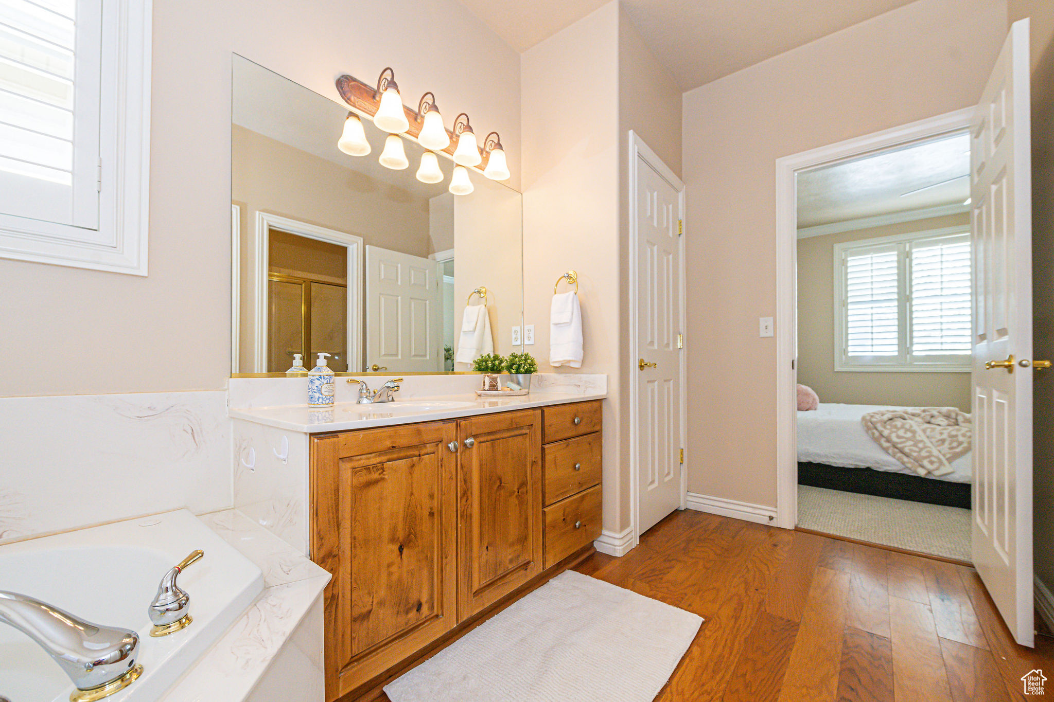 Bathroom with a bathing tub, vanity, and wood-type flooring