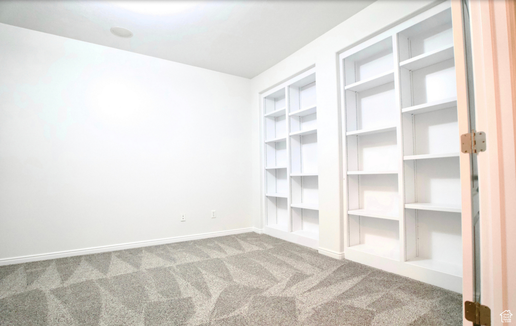 Spare room featuring carpet flooring and built in shelves