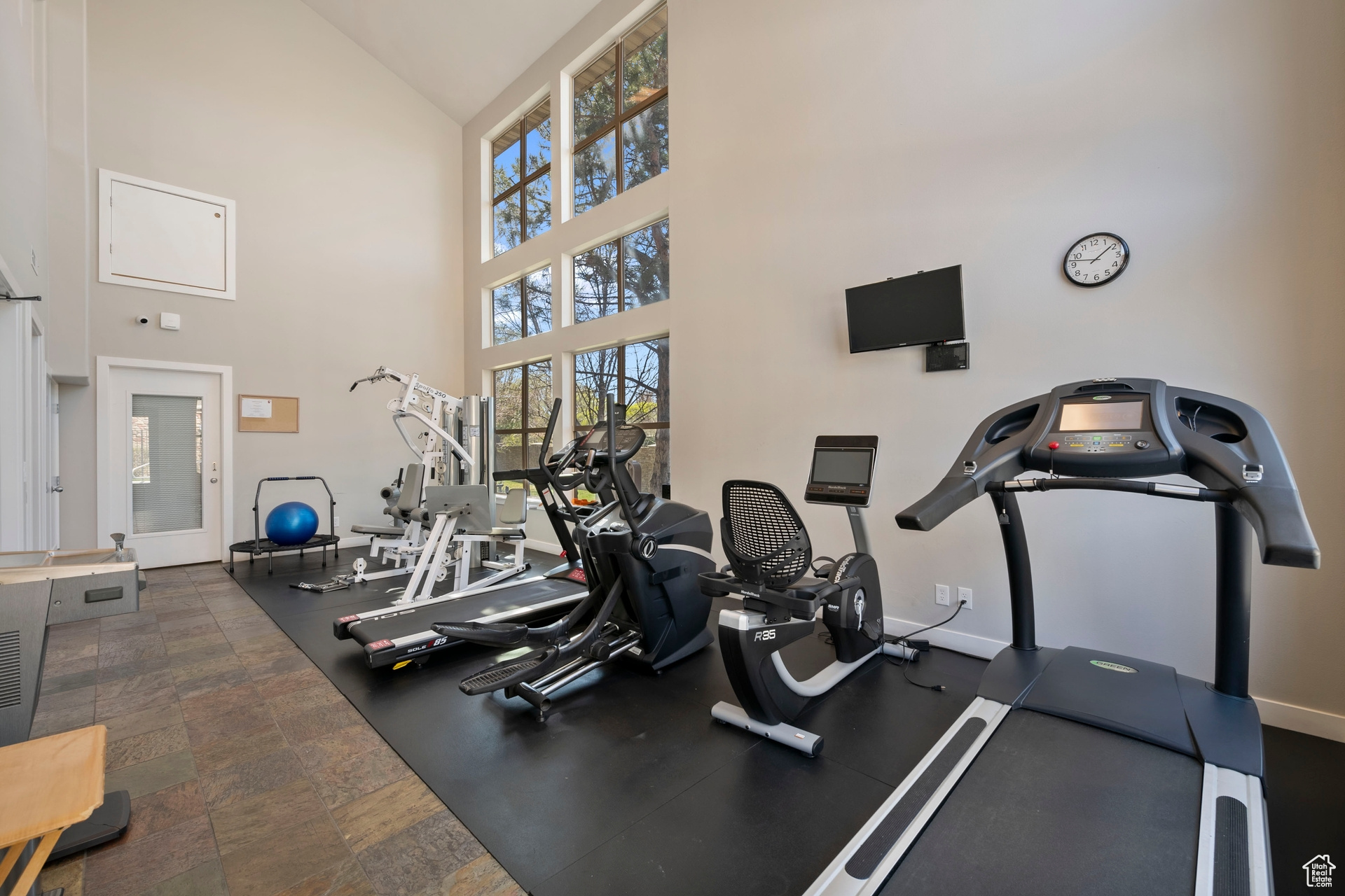 Gym with tons of natural light and variety of equipment.
