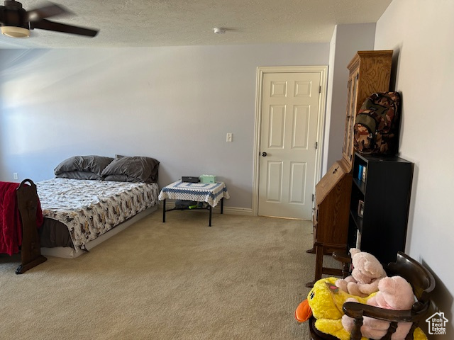 Carpeted Master bedroom featuring a textured ceiling and ceiling fan