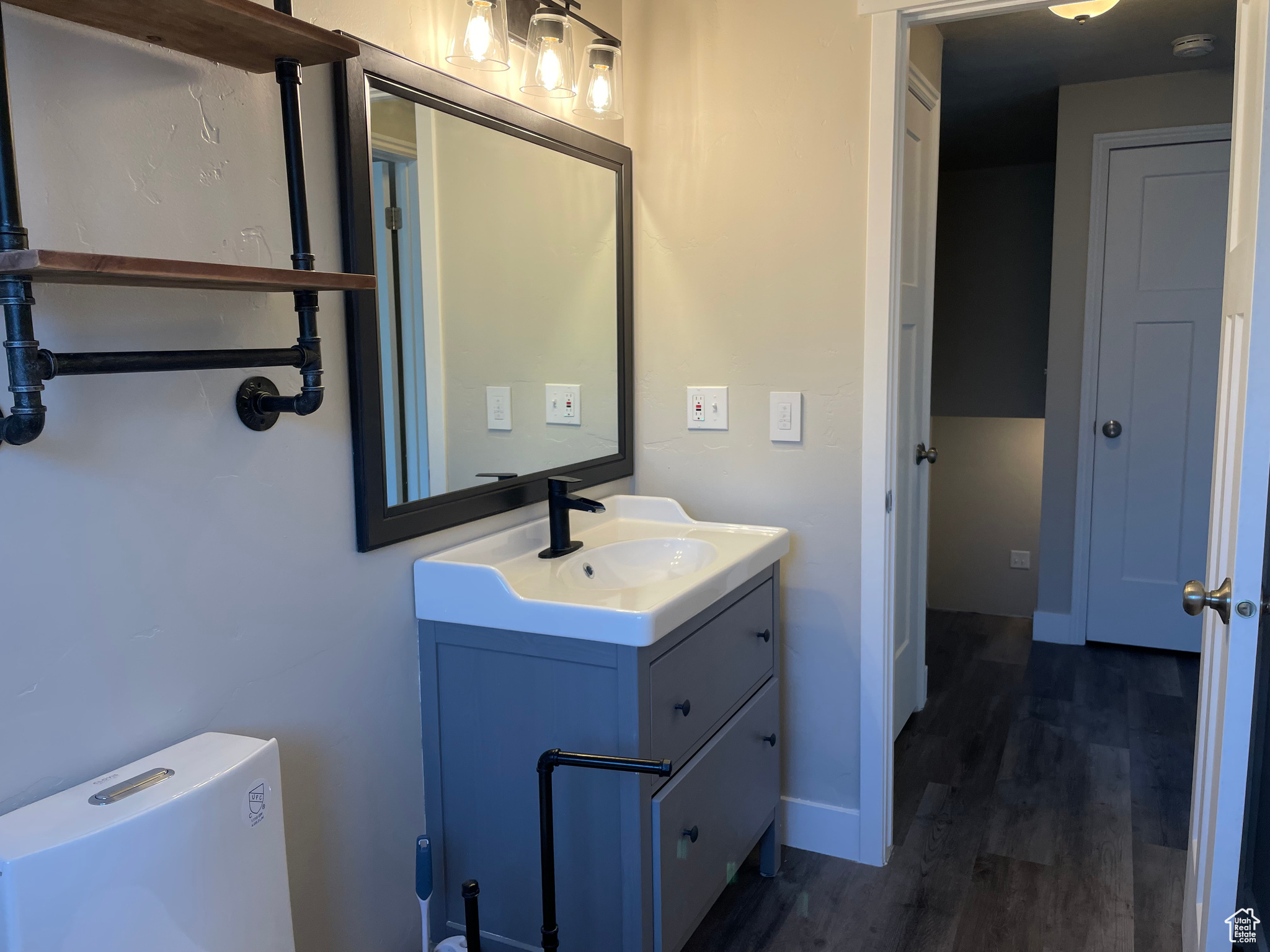 Bathroom featuring toilet, vanity with extensive cabinet space, and hardwood / wood-style floors