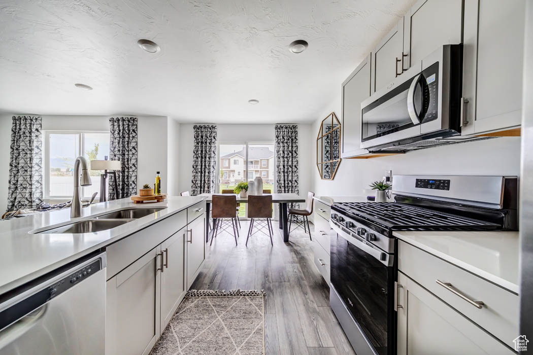 Kitchen featuring sink, appliances with stainless steel finishes, light hardwood / wood-style floors, and gray cabinetry