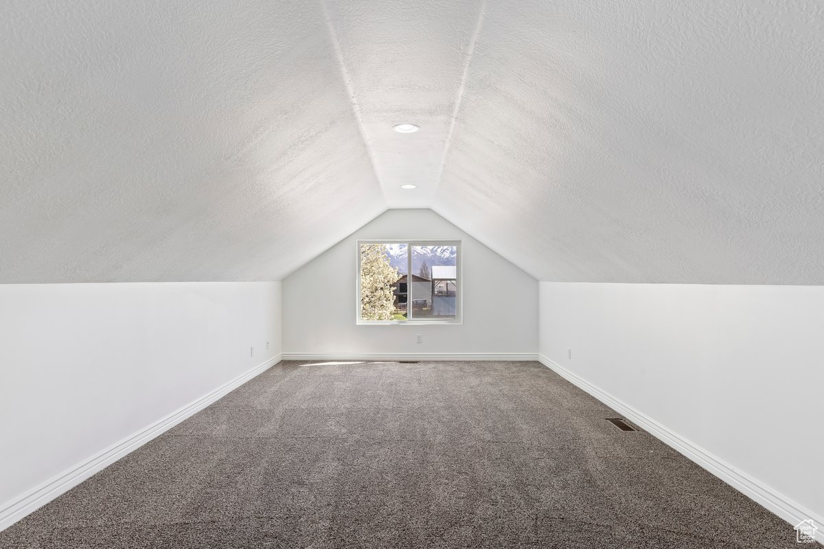 Bonus room featuring a textured ceiling, vaulted ceiling, and carpet flooring