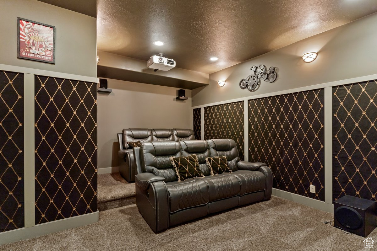 Home theater featuring dark carpet and a textured ceiling