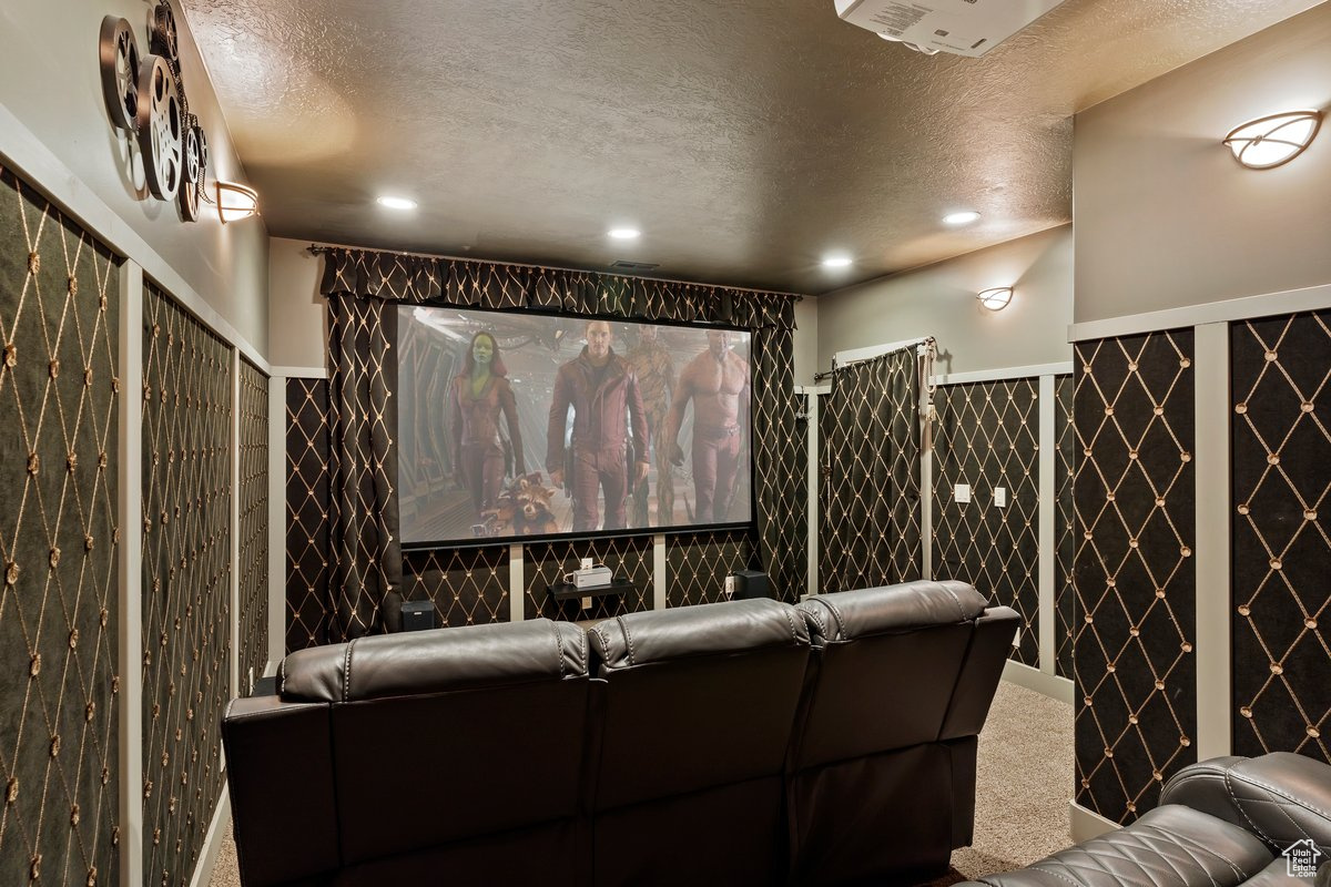 Carpeted cinema room featuring a textured ceiling
