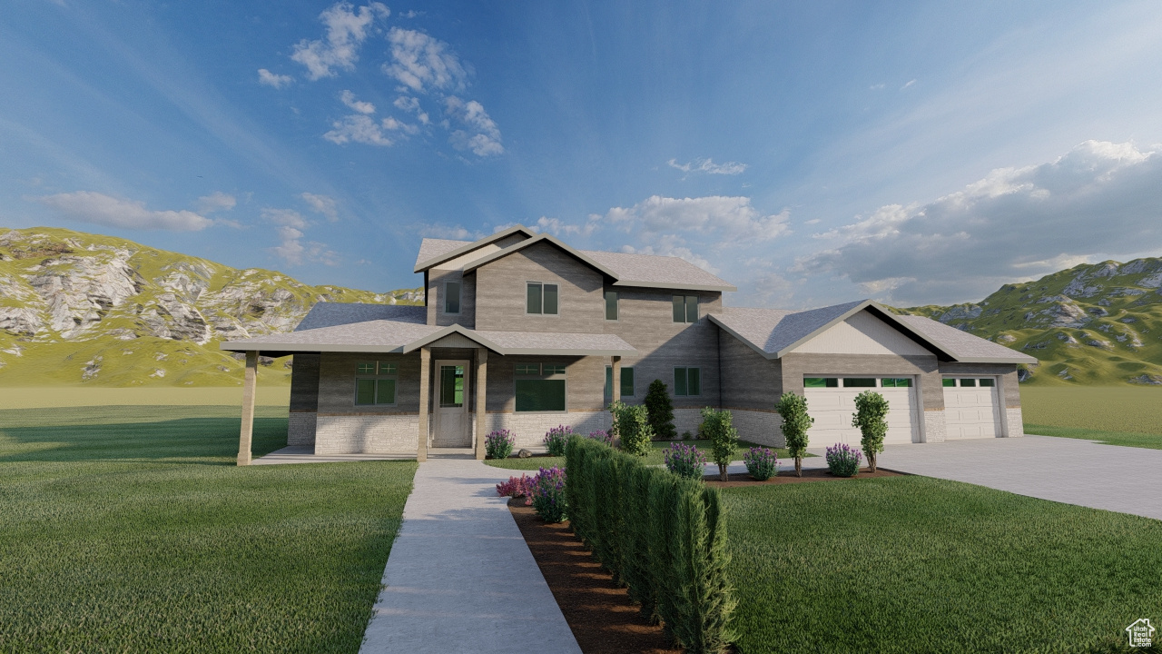 Rendering of front of property with a 3 car garage featuring a covered porch