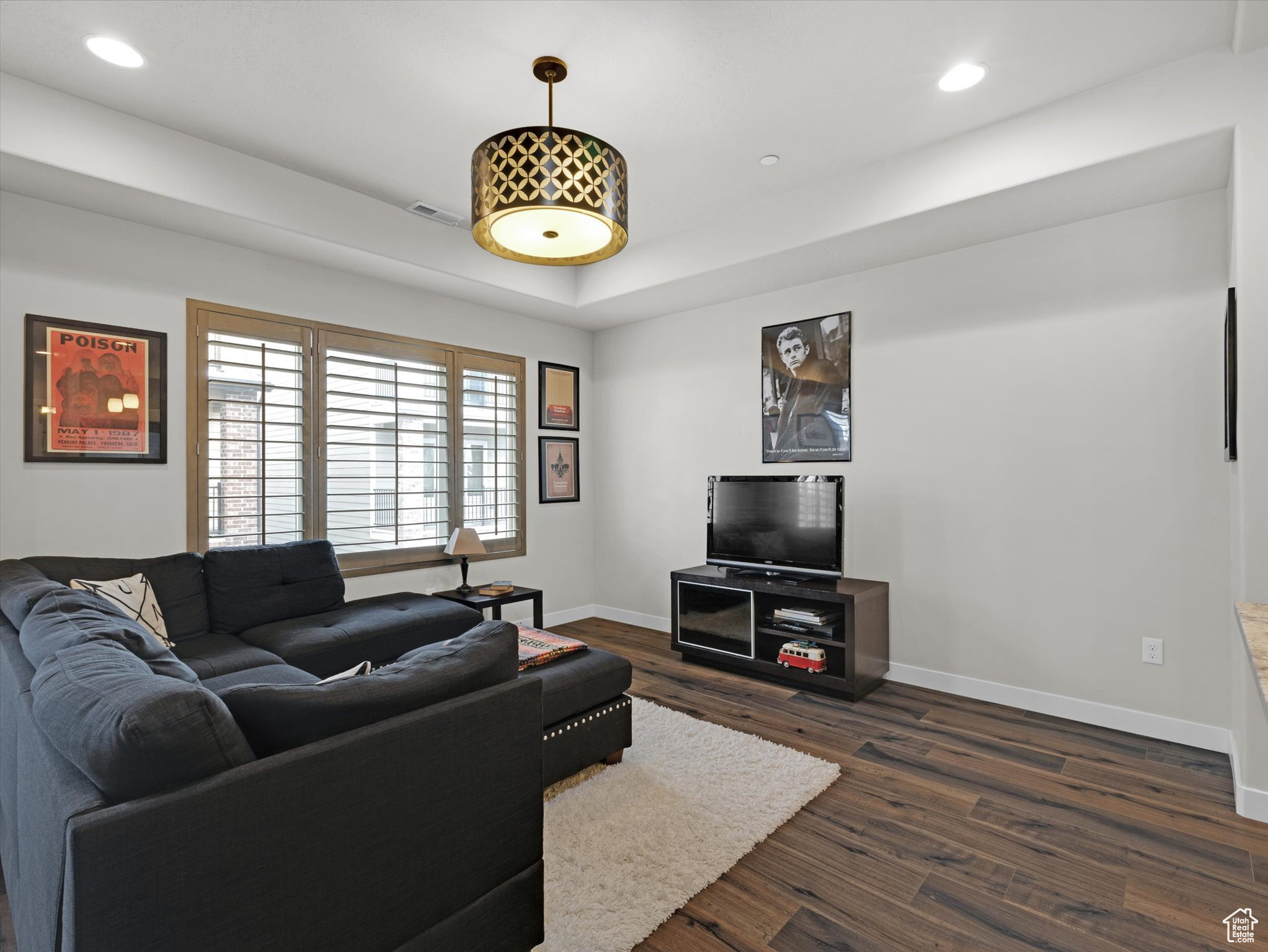 Living room with dark hardwood / wood-style flooring and a tray ceiling