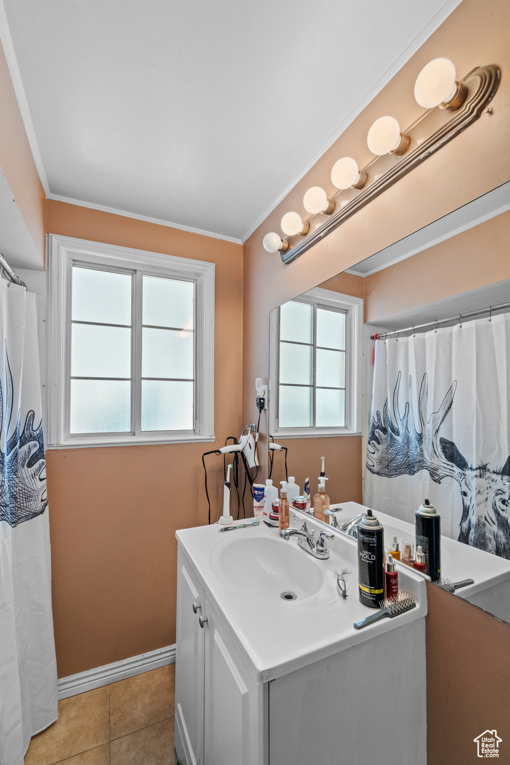 Bathroom featuring tile flooring, ornamental molding, and vanity